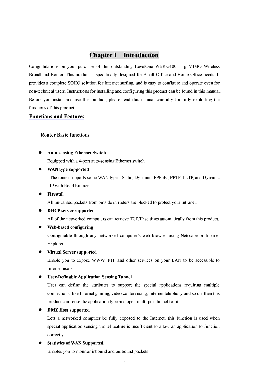 LevelOne WBR-5400 user manual Functions and Features 