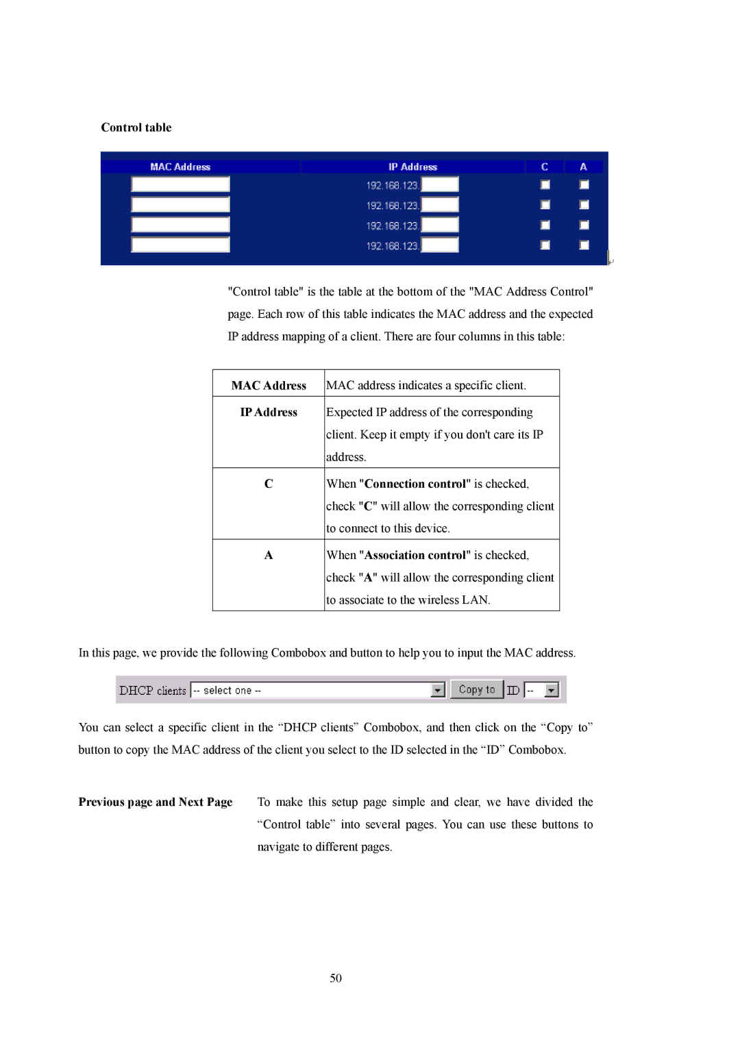 LevelOne WBR-5400 user manual Control table, MAC Address, IP Address 