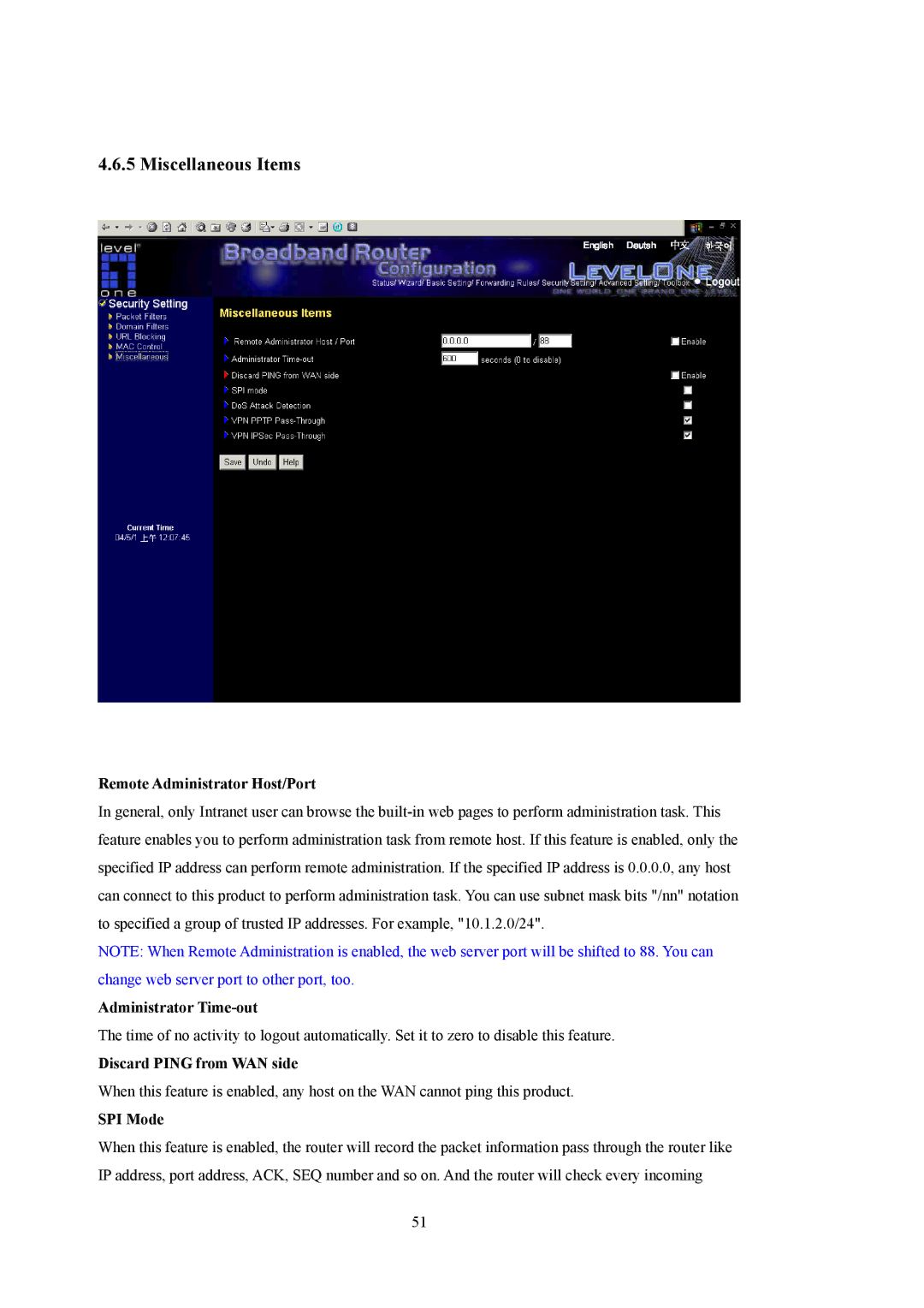 LevelOne WBR-5400 user manual Remote Administrator Host/Port, Administrator Time-out, Discard Ping from WAN side, SPI Mode 