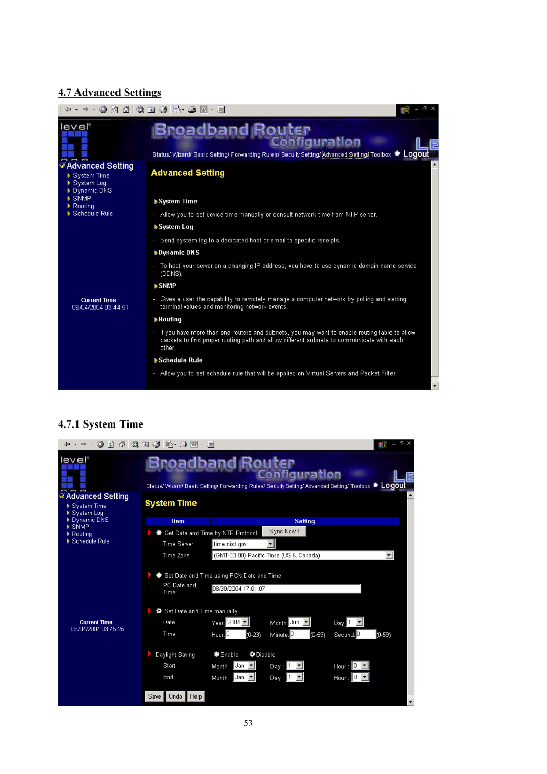 LevelOne WBR-5400 user manual Advanced Settings System Time 