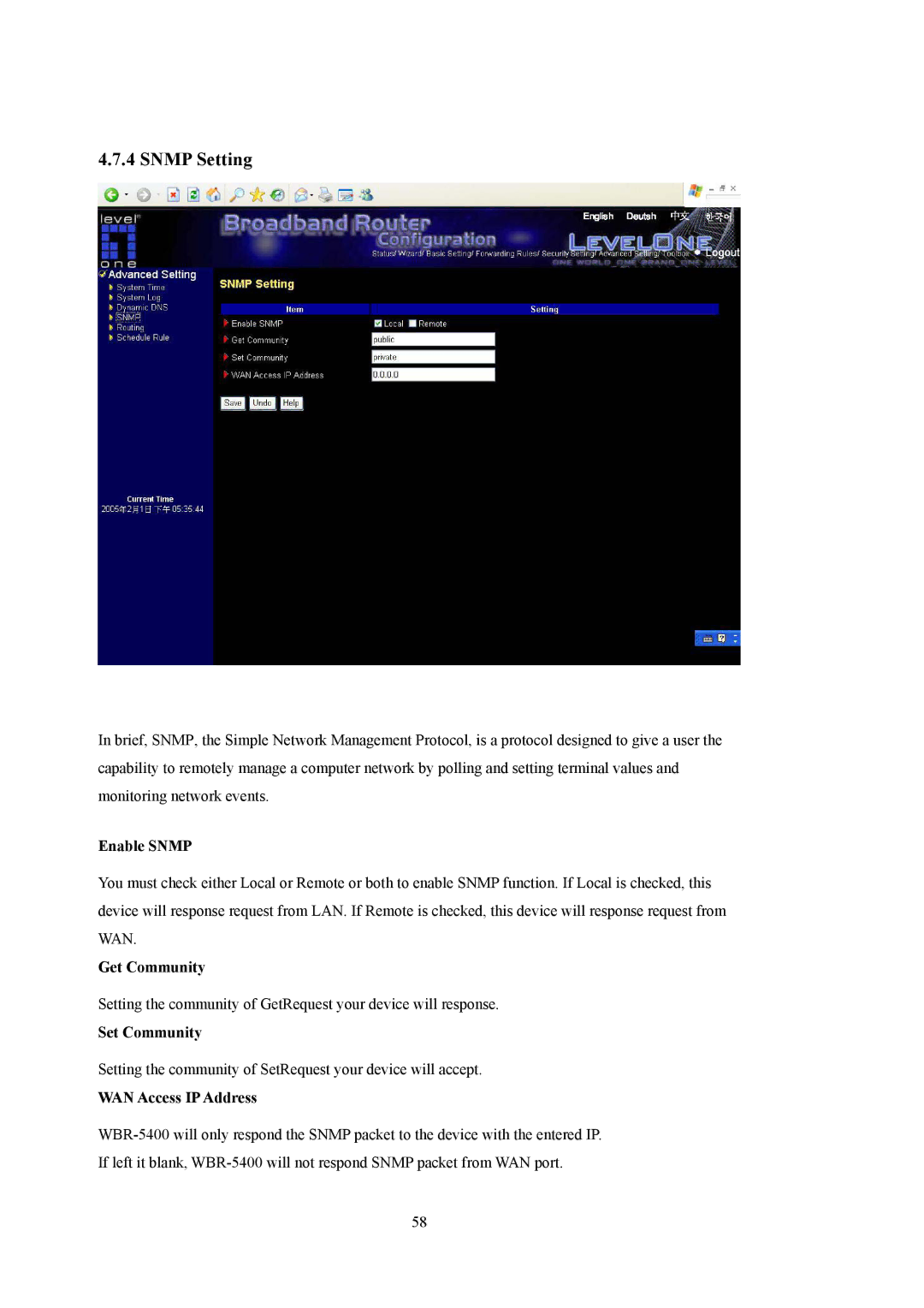 LevelOne WBR-5400 user manual Snmp Setting, Enable Snmp, Get Community, Set Community, WAN Access IP Address 