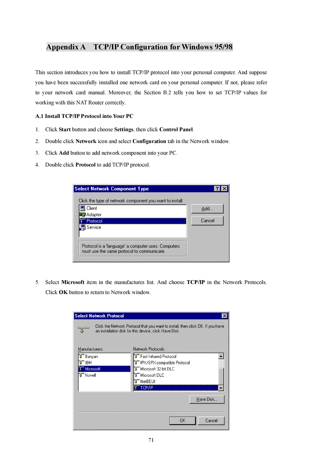 LevelOne WBR-5400 user manual AppendixA TCP/IPConfigurationforWindows95/98, Install TCP/IP Protocol into Your PC 