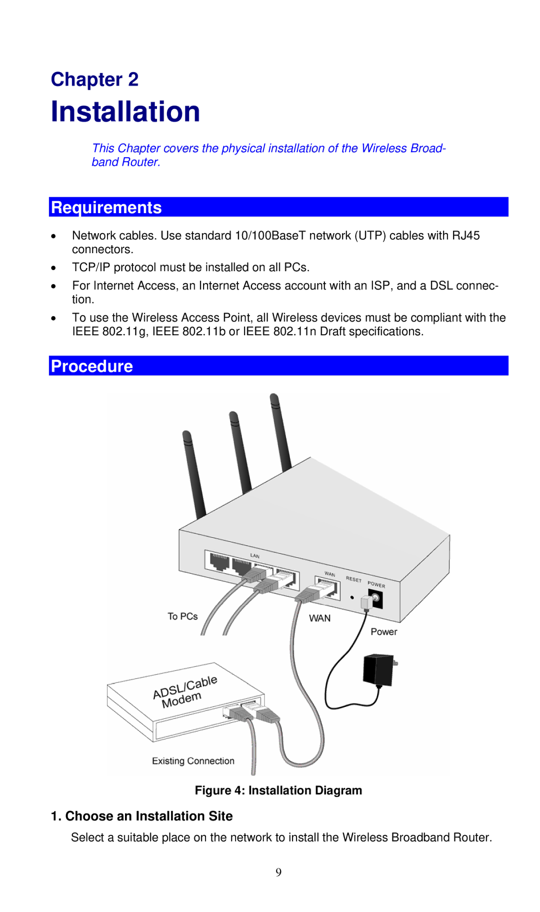 LevelOne WBR-6000 user manual Requirements, Procedure, Choose an Installation Site 