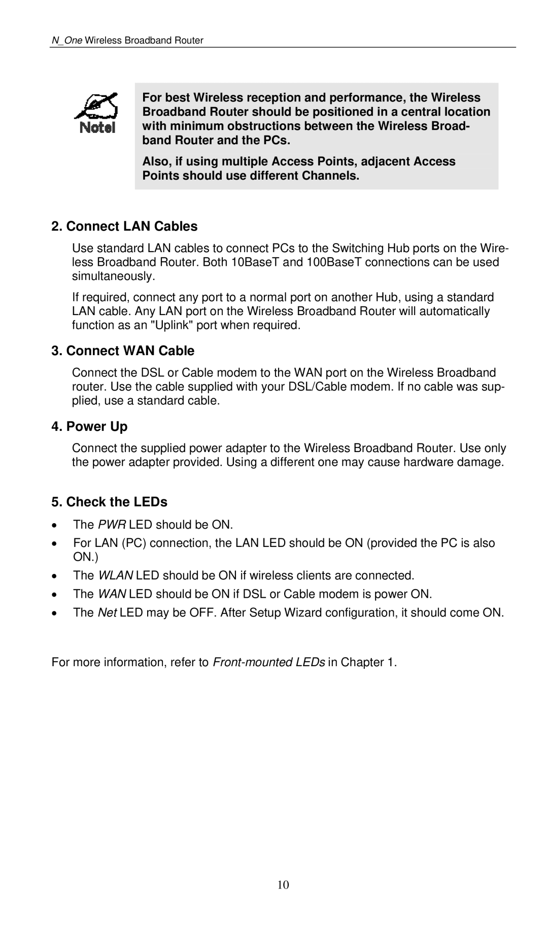 LevelOne WBR-6000 user manual Connect LAN Cables, Connect WAN Cable, Power Up, Check the LEDs 