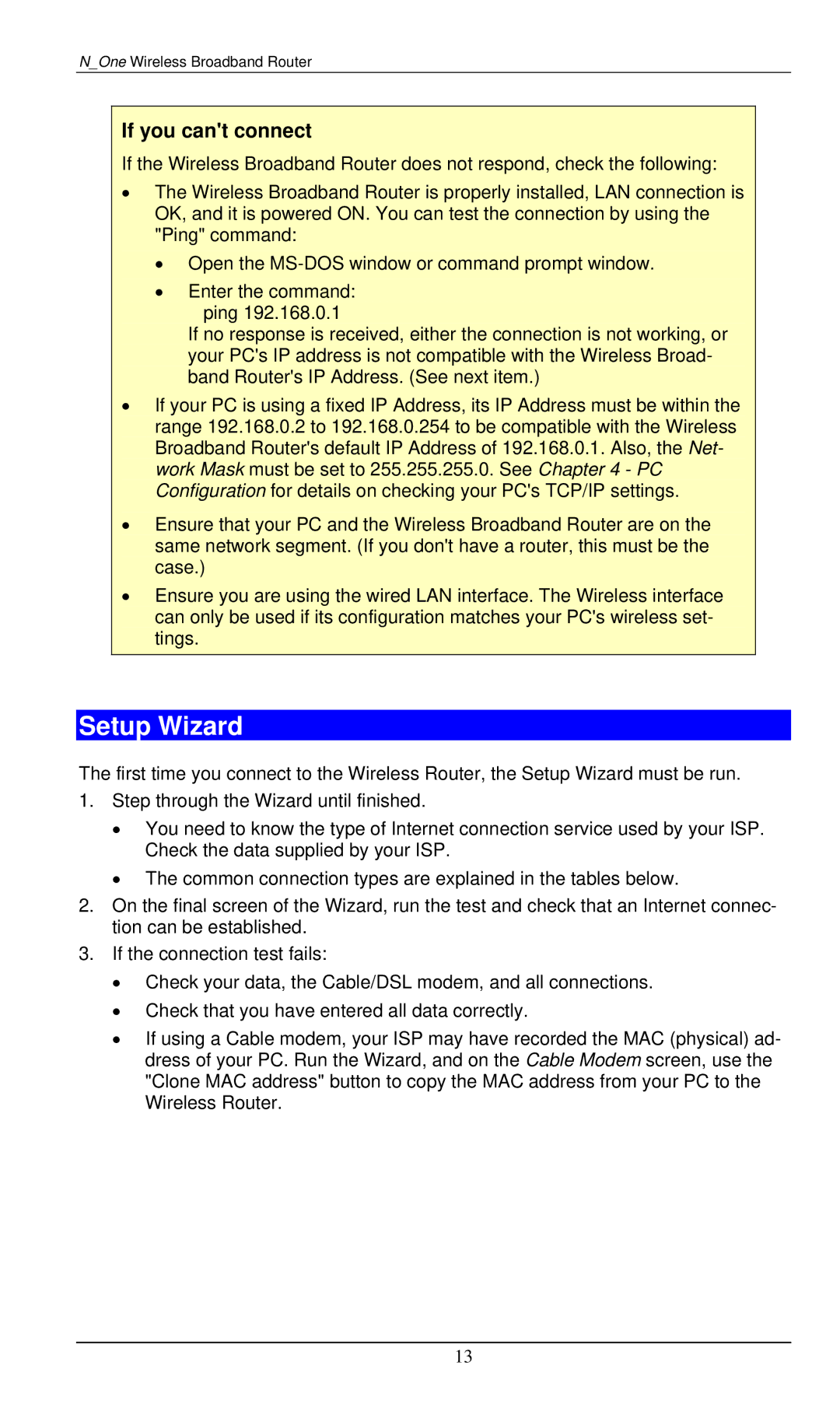 LevelOne WBR-6000 user manual Setup Wizard, If you cant connect 