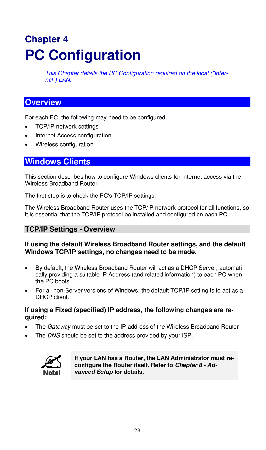 LevelOne WBR-6000 user manual PC Configuration, Windows Clients, TCP/IP Settings Overview 