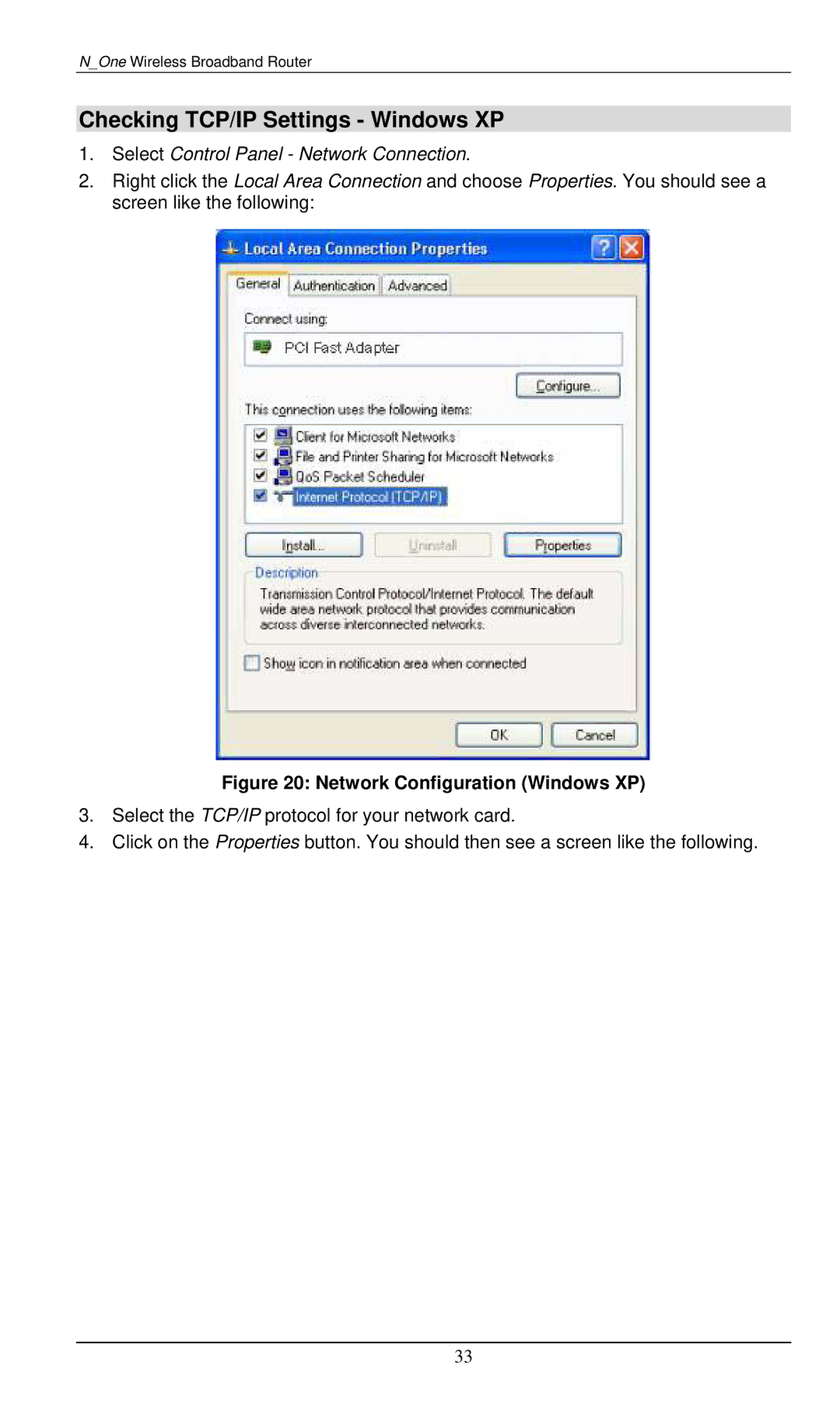 LevelOne WBR-6000 user manual Checking TCP/IP Settings Windows XP, Network Configuration Windows XP 