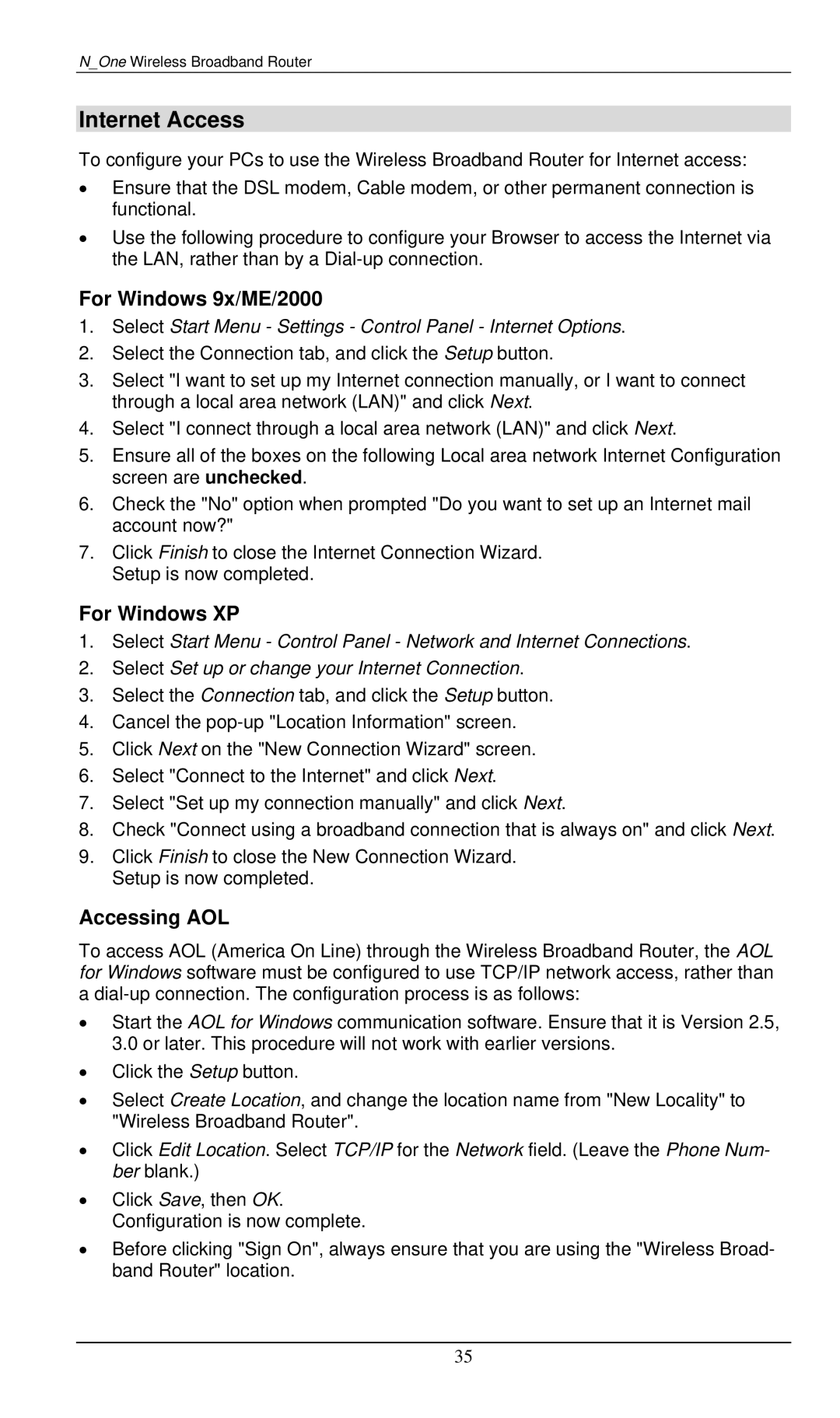 LevelOne WBR-6000 user manual Internet Access, For Windows 9x/ME/2000, For Windows XP, Accessing AOL 