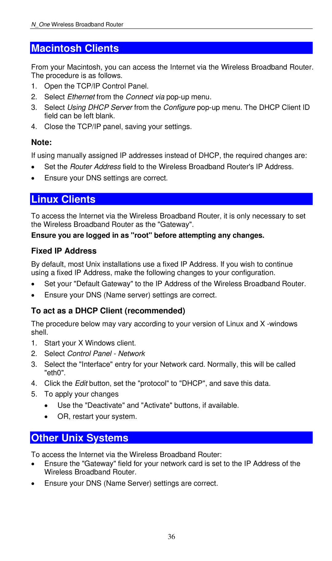 LevelOne WBR-6000 user manual Macintosh Clients, Linux Clients, Other Unix Systems, Fixed IP Address 