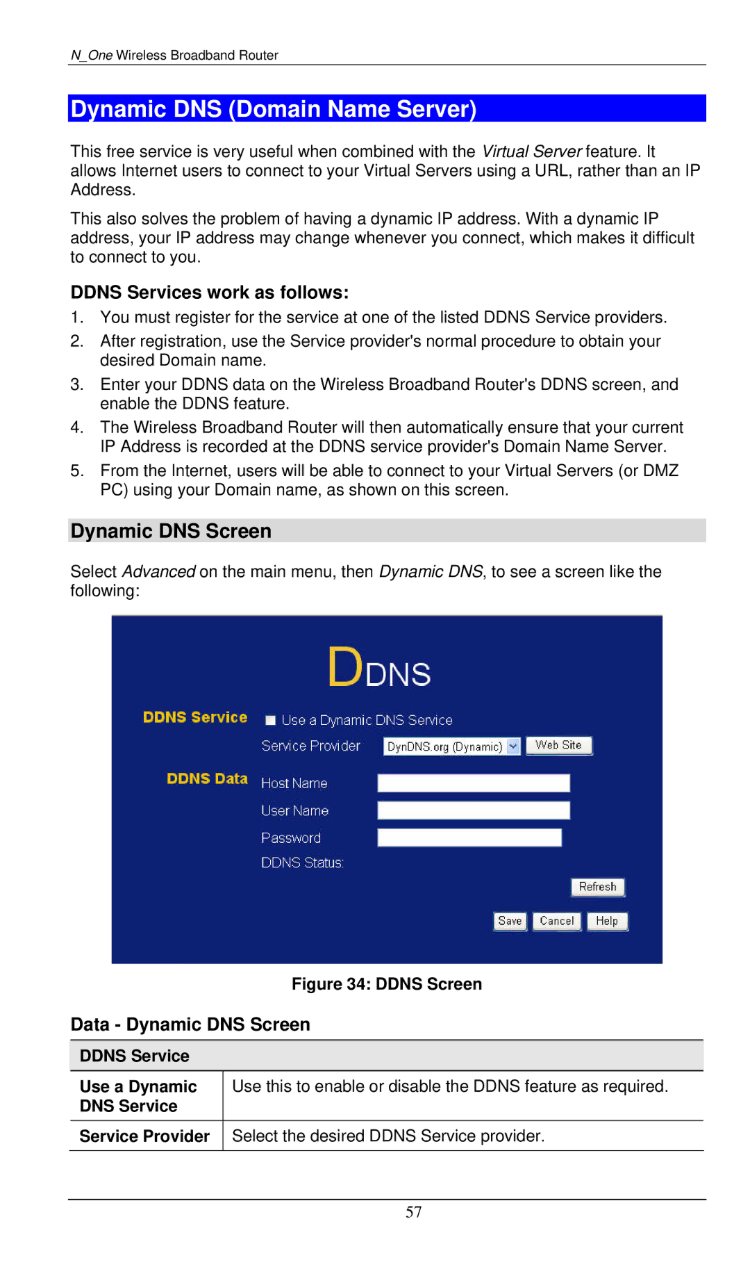 LevelOne WBR-6000 user manual Dynamic DNS Domain Name Server, Dynamic DNS Screen, Ddns Services work as follows 