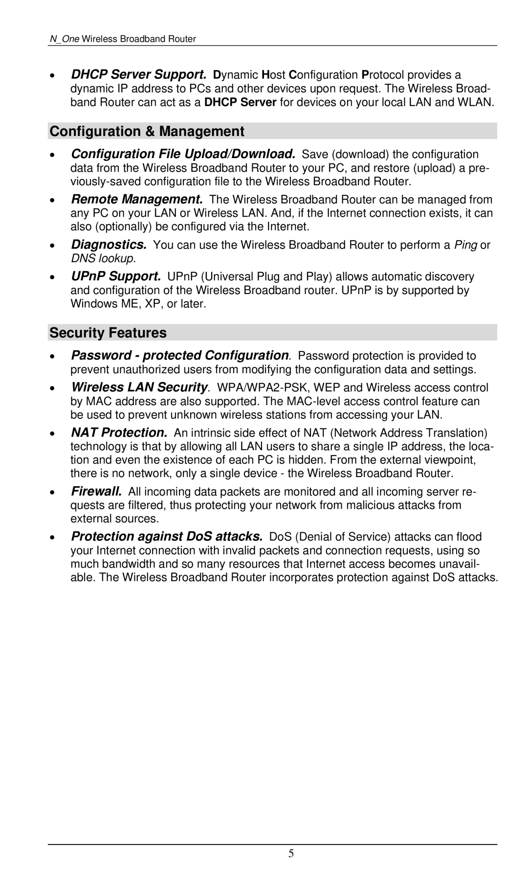 LevelOne WBR-6000 user manual Configuration & Management, Security Features 