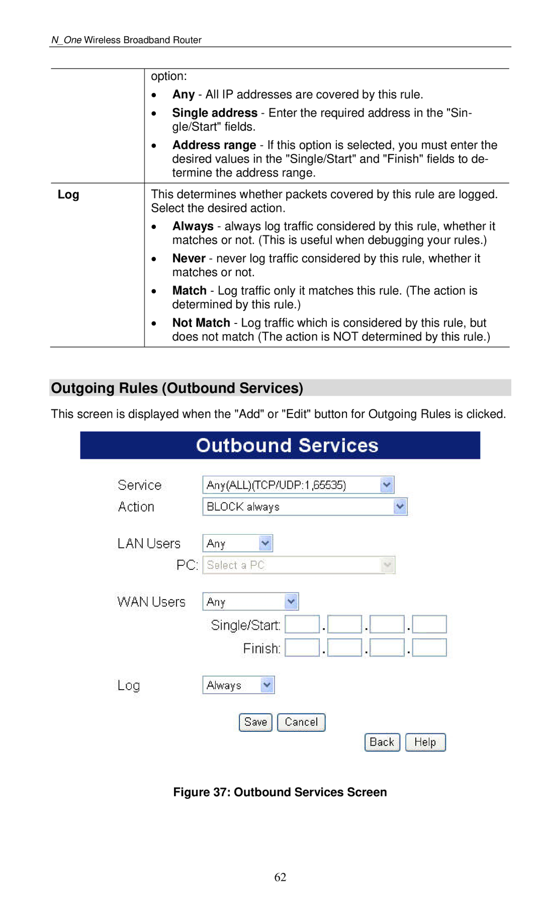 LevelOne WBR-6000 user manual Outgoing Rules Outbound Services, Outbound Services Screen 