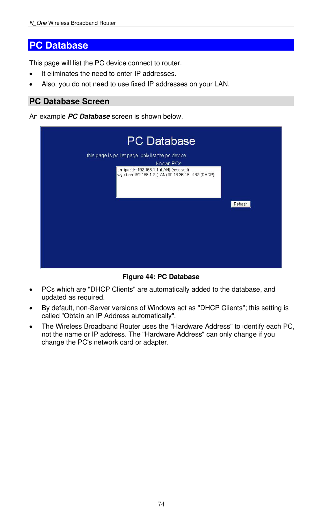 LevelOne WBR-6000 user manual PC Database Screen 