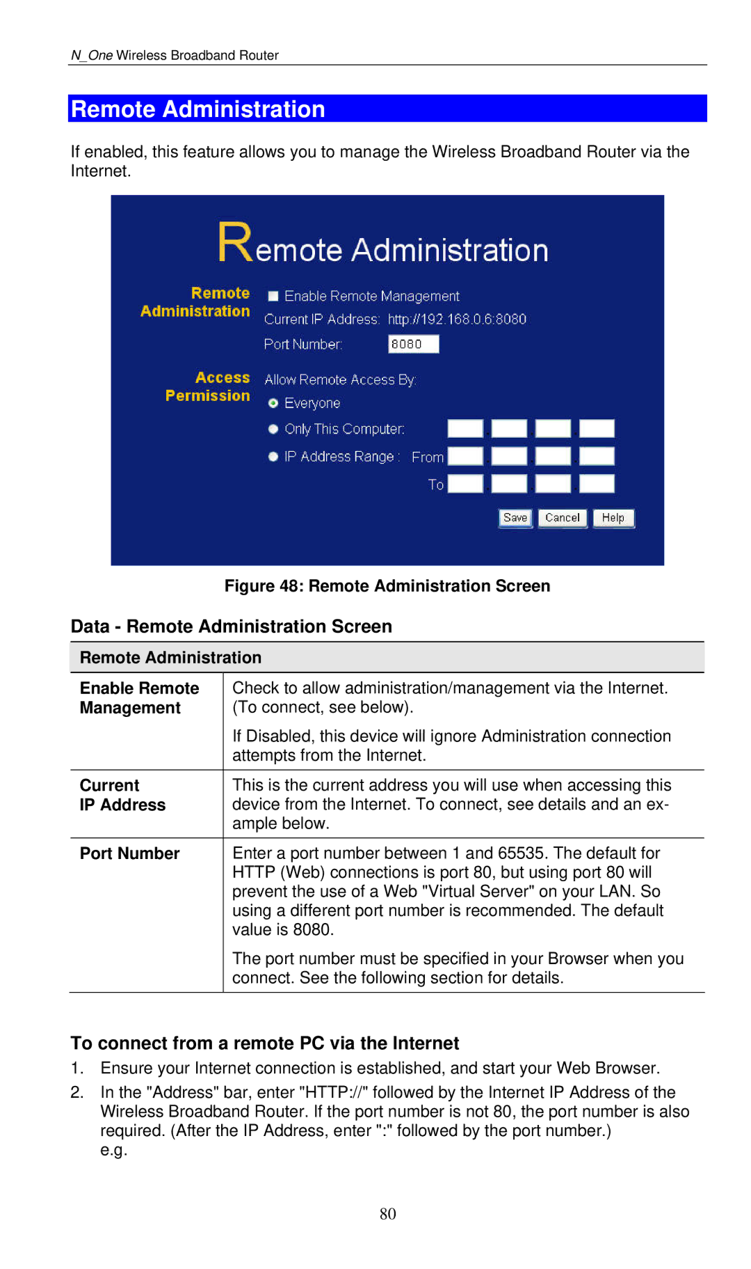 LevelOne WBR-6000 user manual Data Remote Administration Screen, To connect from a remote PC via the Internet 