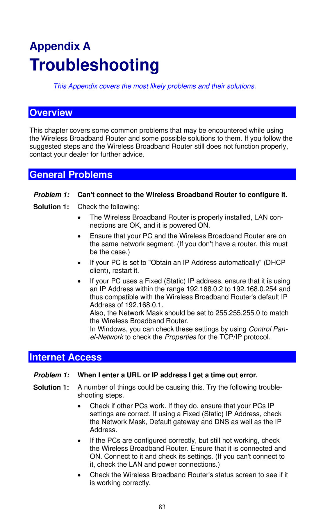 LevelOne WBR-6000 user manual Troubleshooting, General Problems, Internet Access 