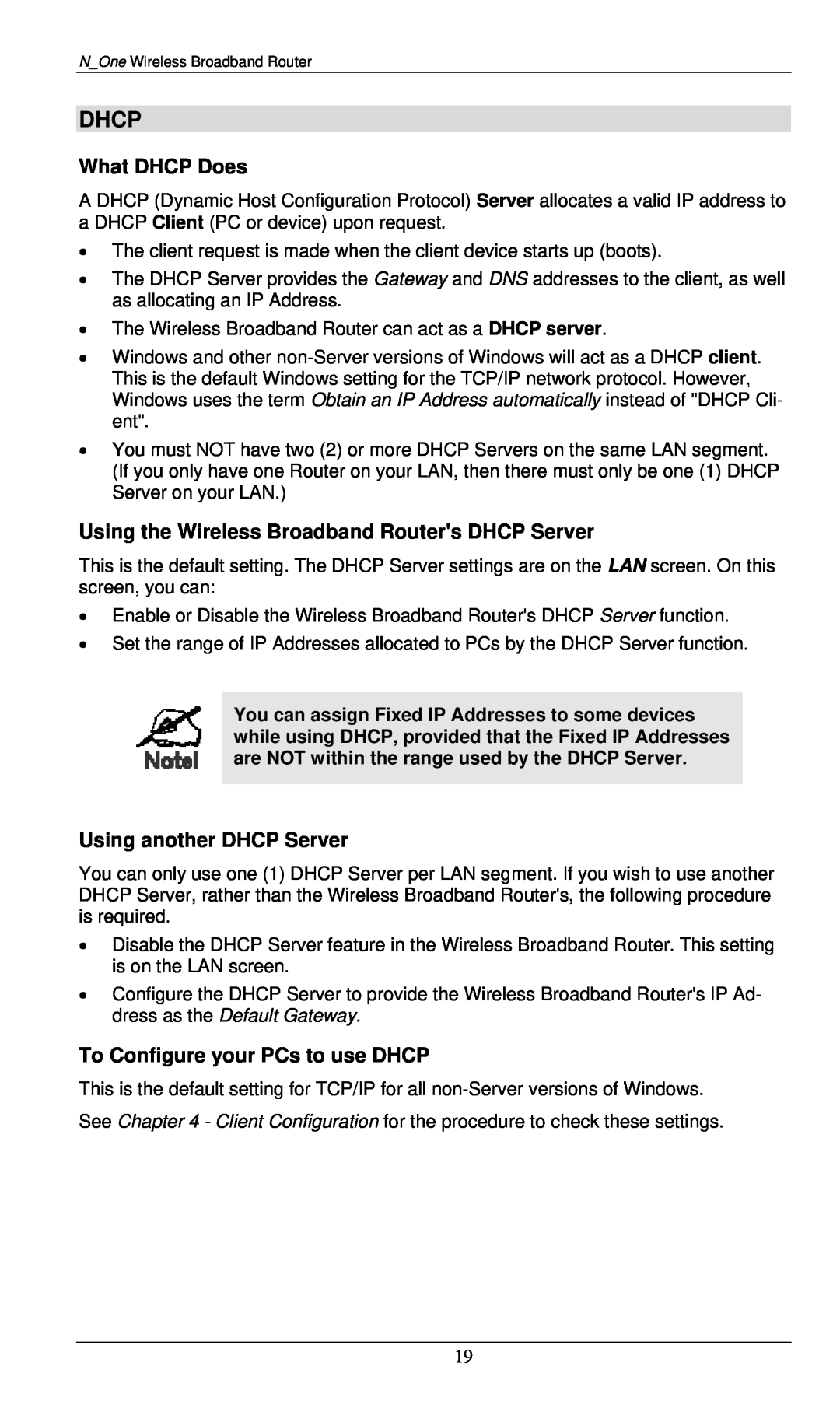 LevelOne WBR-6000 Dhcp, What DHCP Does, Using the Wireless Broadband Routers DHCP Server, Using another DHCP Server 