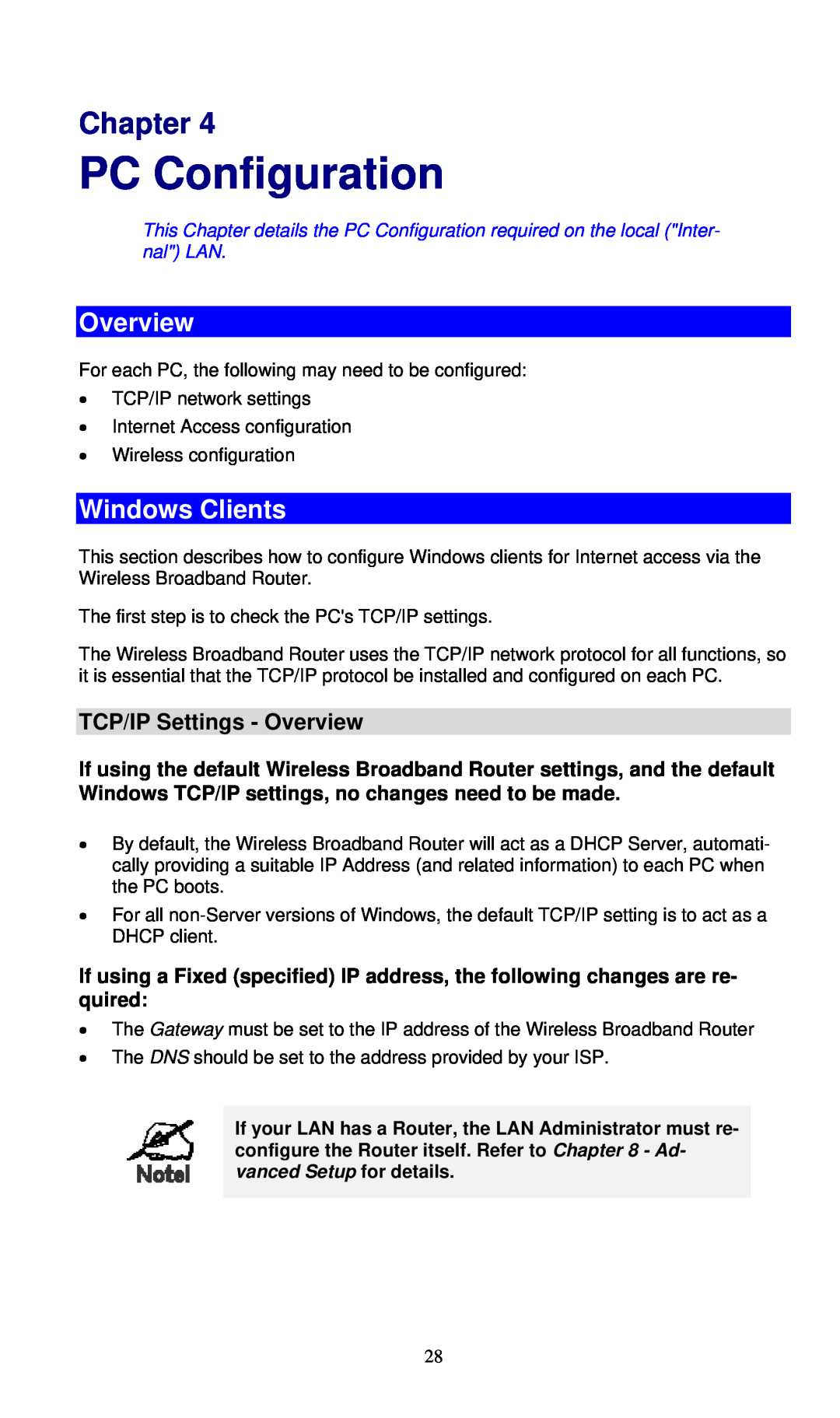 LevelOne WBR-6000 user manual PC Configuration, Windows Clients, TCP/IP Settings - Overview, Chapter 