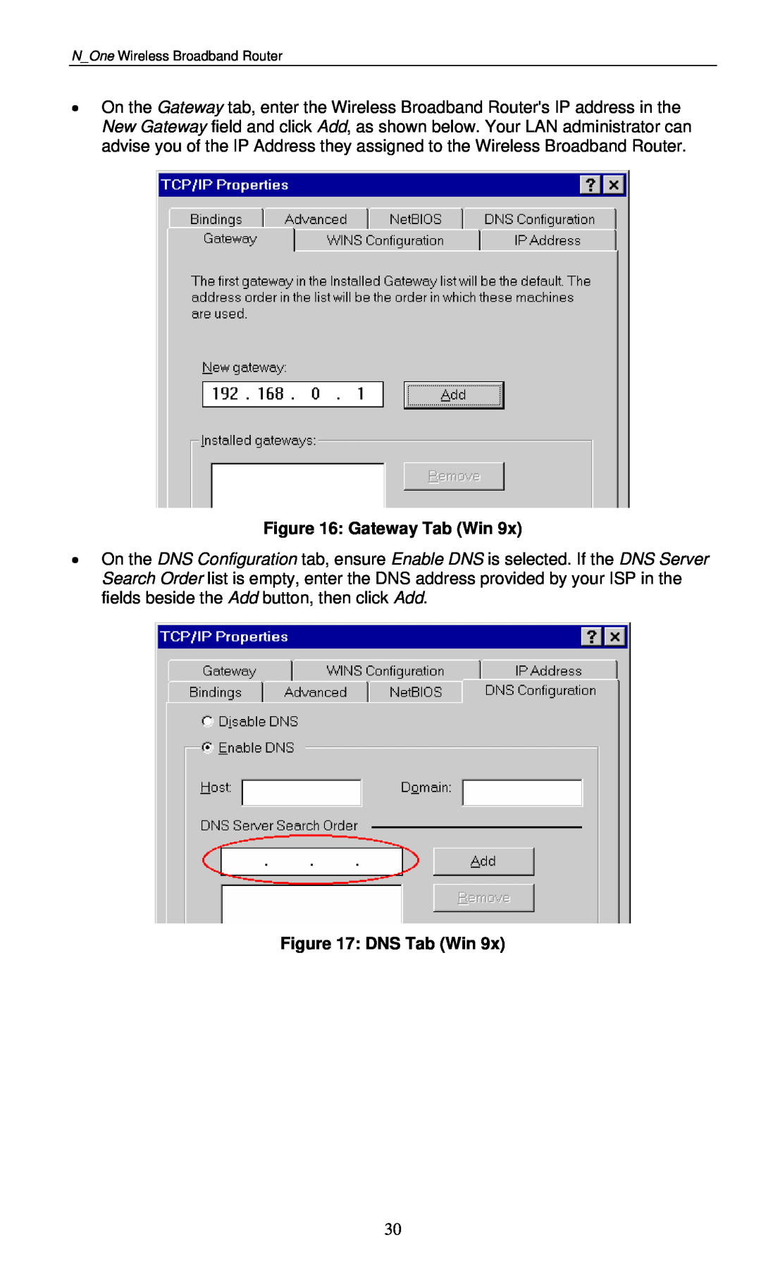 LevelOne WBR-6000 user manual Gateway Tab Win, DNS Tab Win 