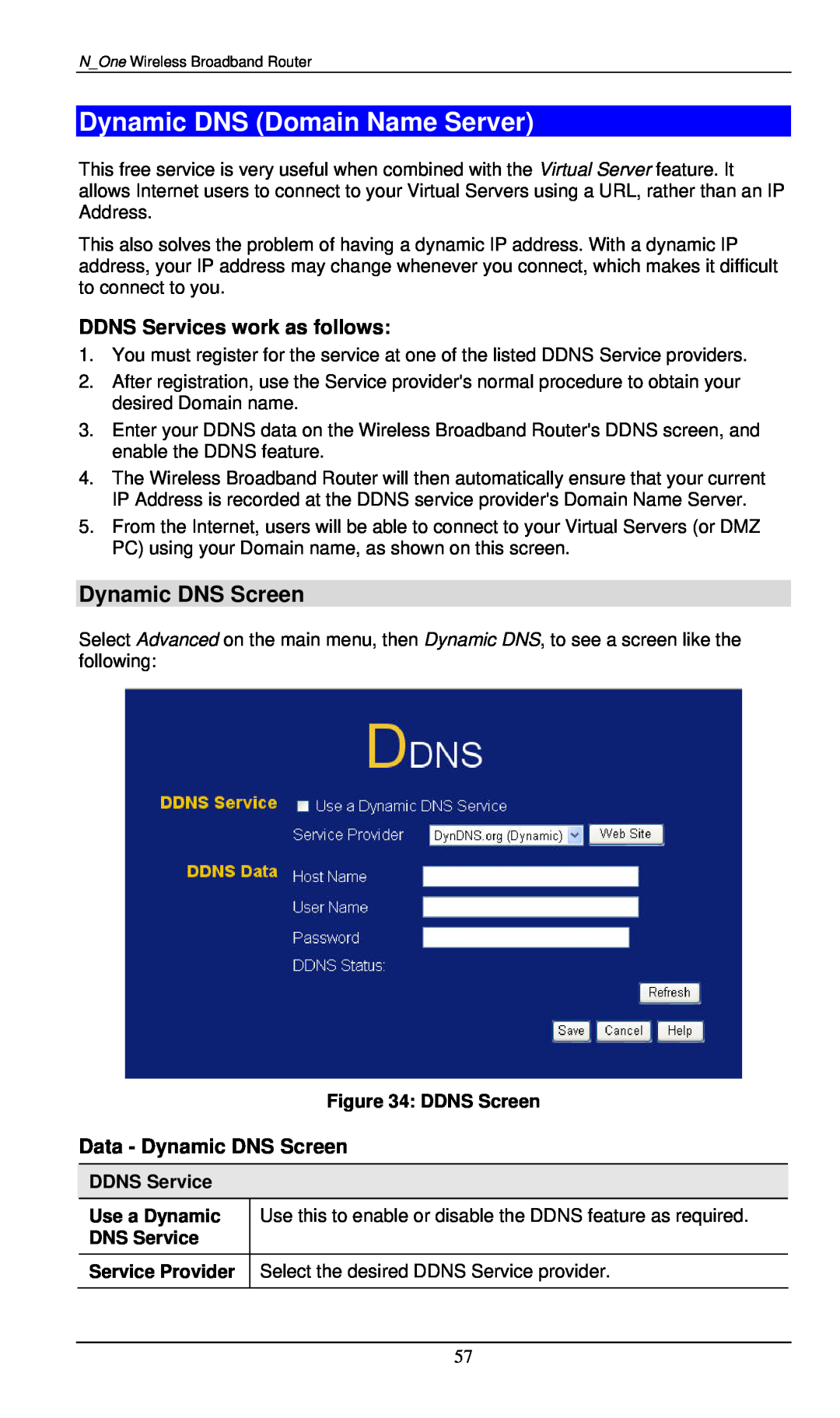 LevelOne WBR-6000 user manual Dynamic DNS Domain Name Server, Dynamic DNS Screen, DDNS Screen, DDNS Service, Use a Dynamic 