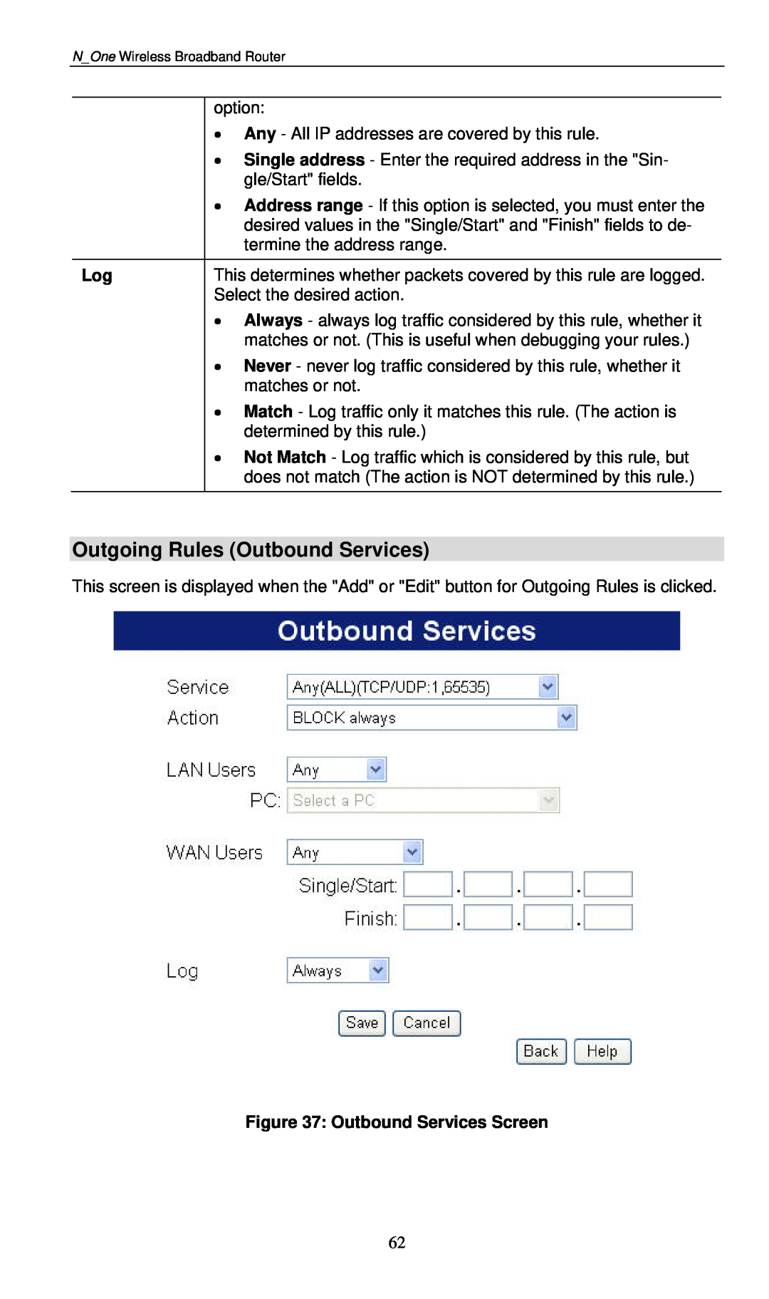 LevelOne WBR-6000 user manual Outgoing Rules Outbound Services, Outbound Services Screen 