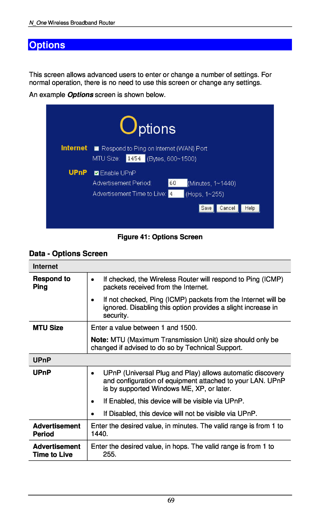 LevelOne WBR-6000 Options Screen, Internet, Respond to, Ping, MTU Size, UPnP, Advertisement, Period, Time to Live 