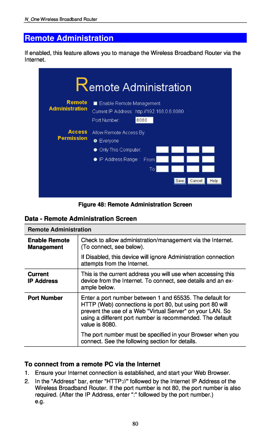 LevelOne WBR-6000 user manual Remote Administration Screen, Enable Remote, Management, Current, IP Address, Port Number 