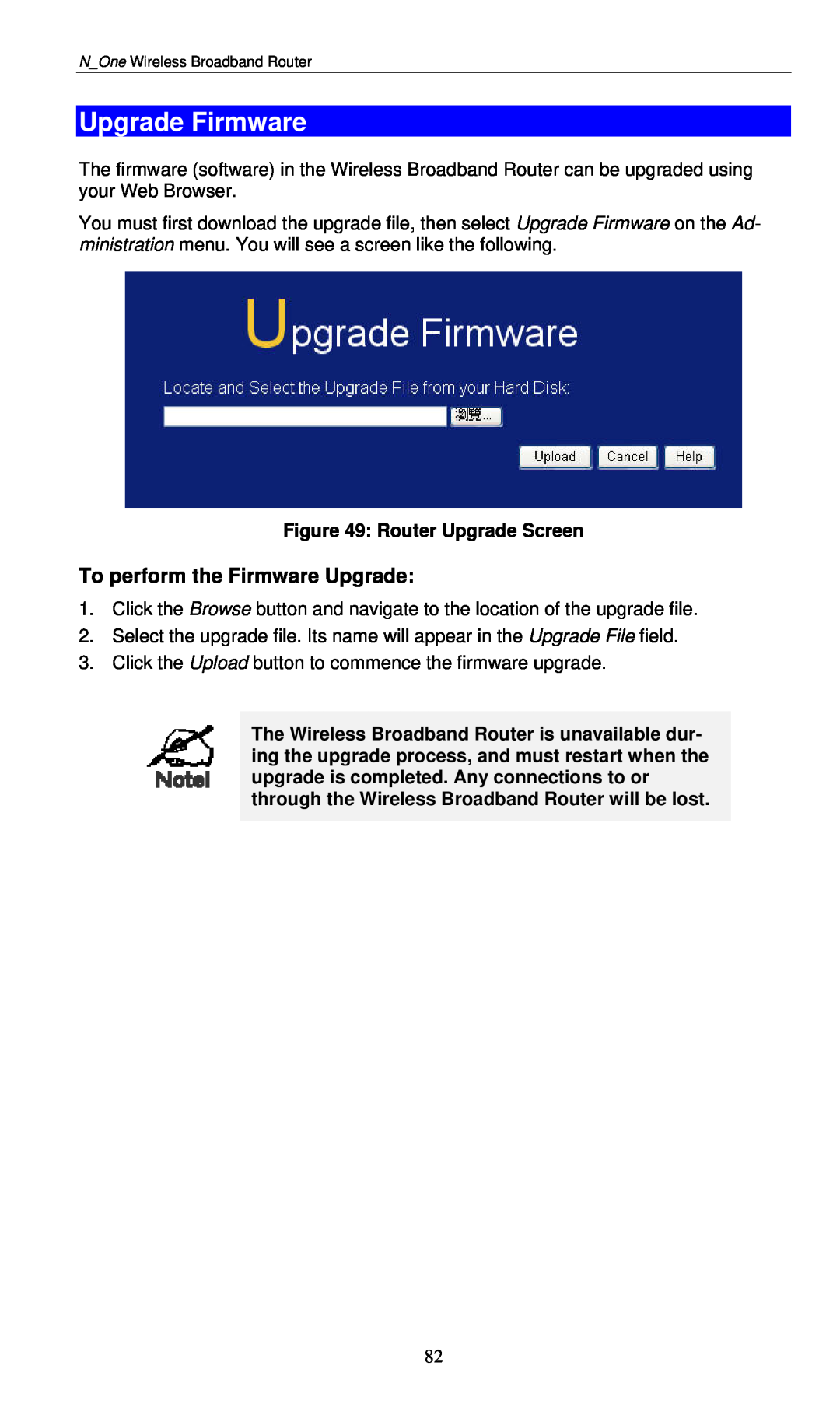 LevelOne WBR-6000 user manual Upgrade Firmware, To perform the Firmware Upgrade, Router Upgrade Screen 
