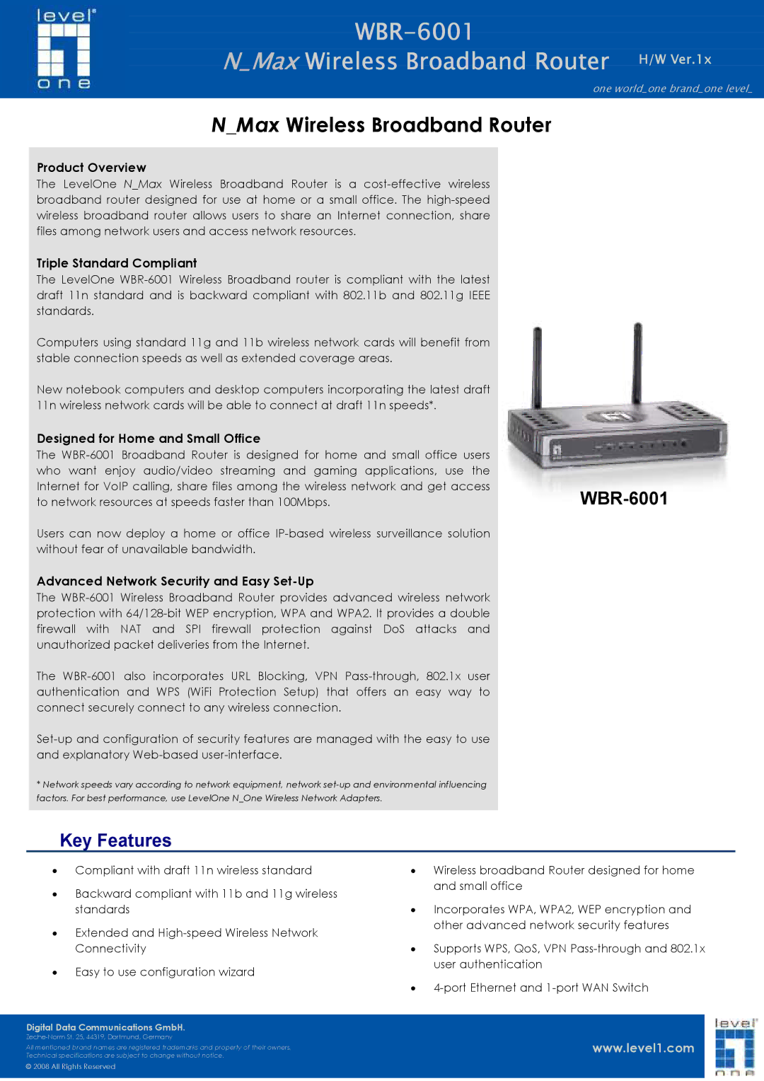 LevelOne WBR-6001 technical specifications Key Features, Product Overview, Triple Standard Compliant 