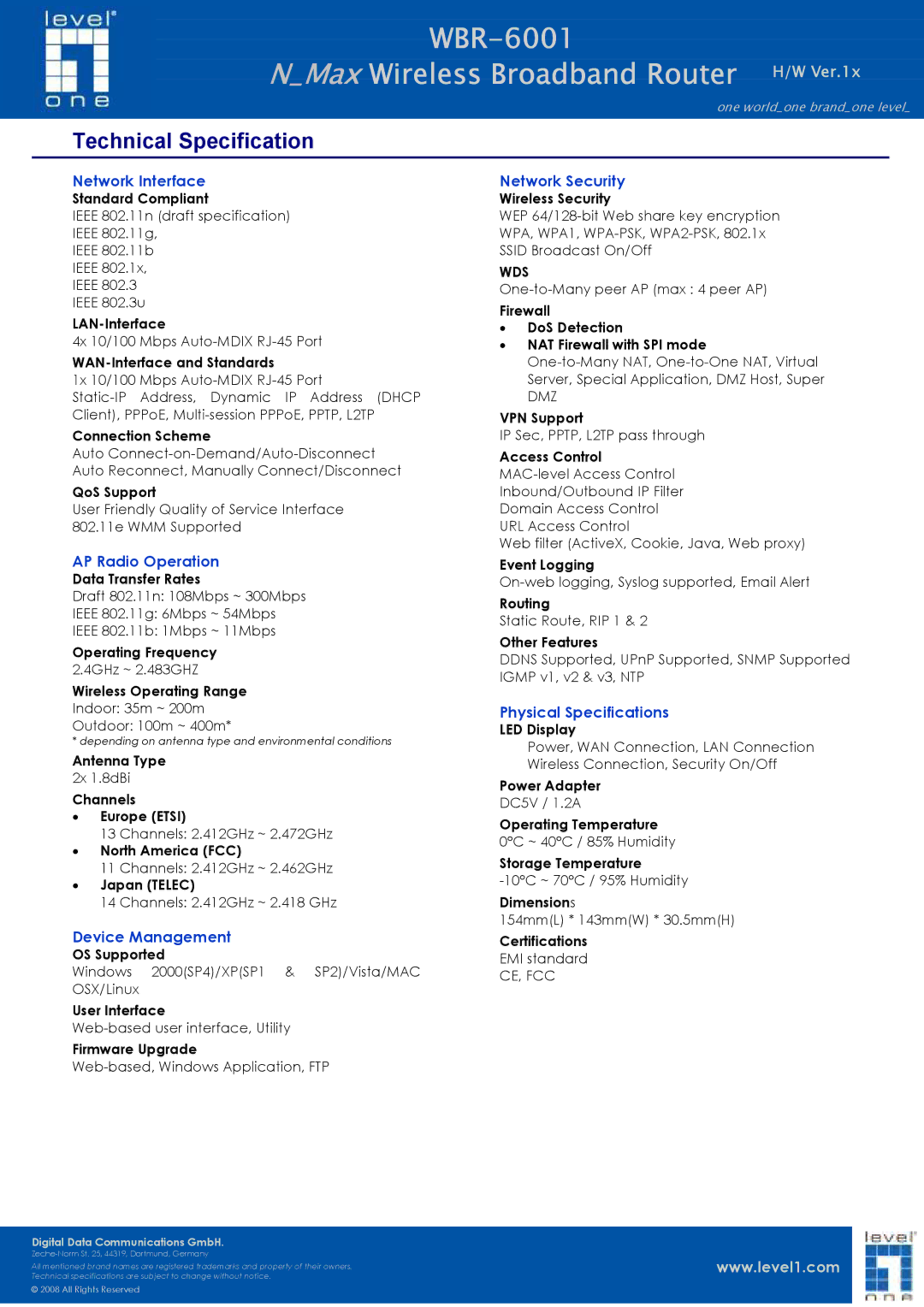 LevelOne WBR-6001 technical specifications Technical Specification 