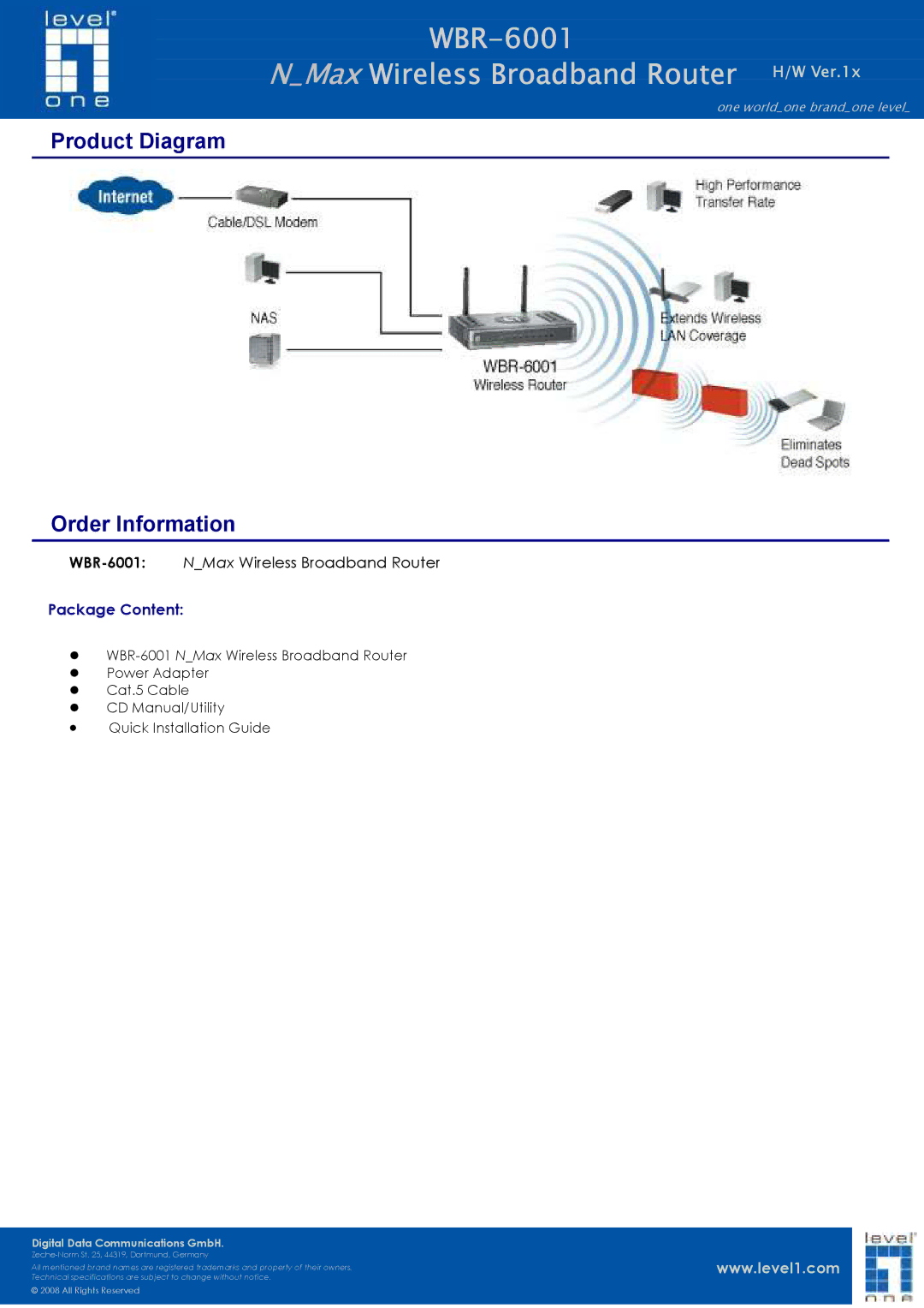 LevelOne technical specifications Product Diagram Order Information, WBR-6001 NMax Wireless Broadband Router 