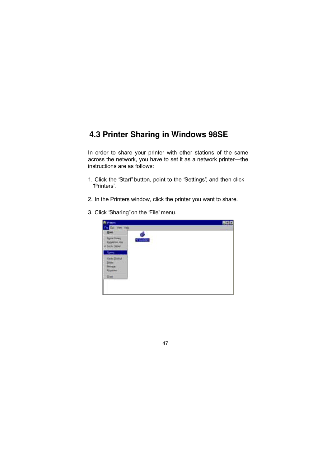 LevelOne WNC-0101USB manual Printer Sharing in Windows 98SE 