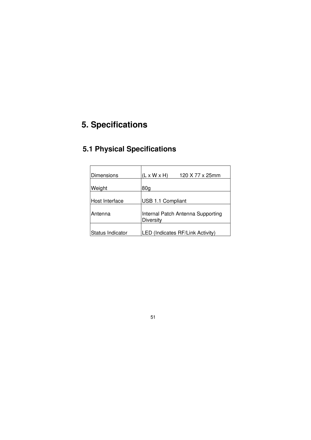 LevelOne WNC-0101USB manual Physical Specifications 