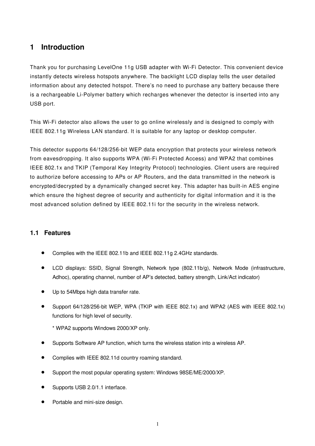 LevelOne 11g USB Adapter w/LCD WiFi Detector, WNC-0304USB user manual Introduction, Features 