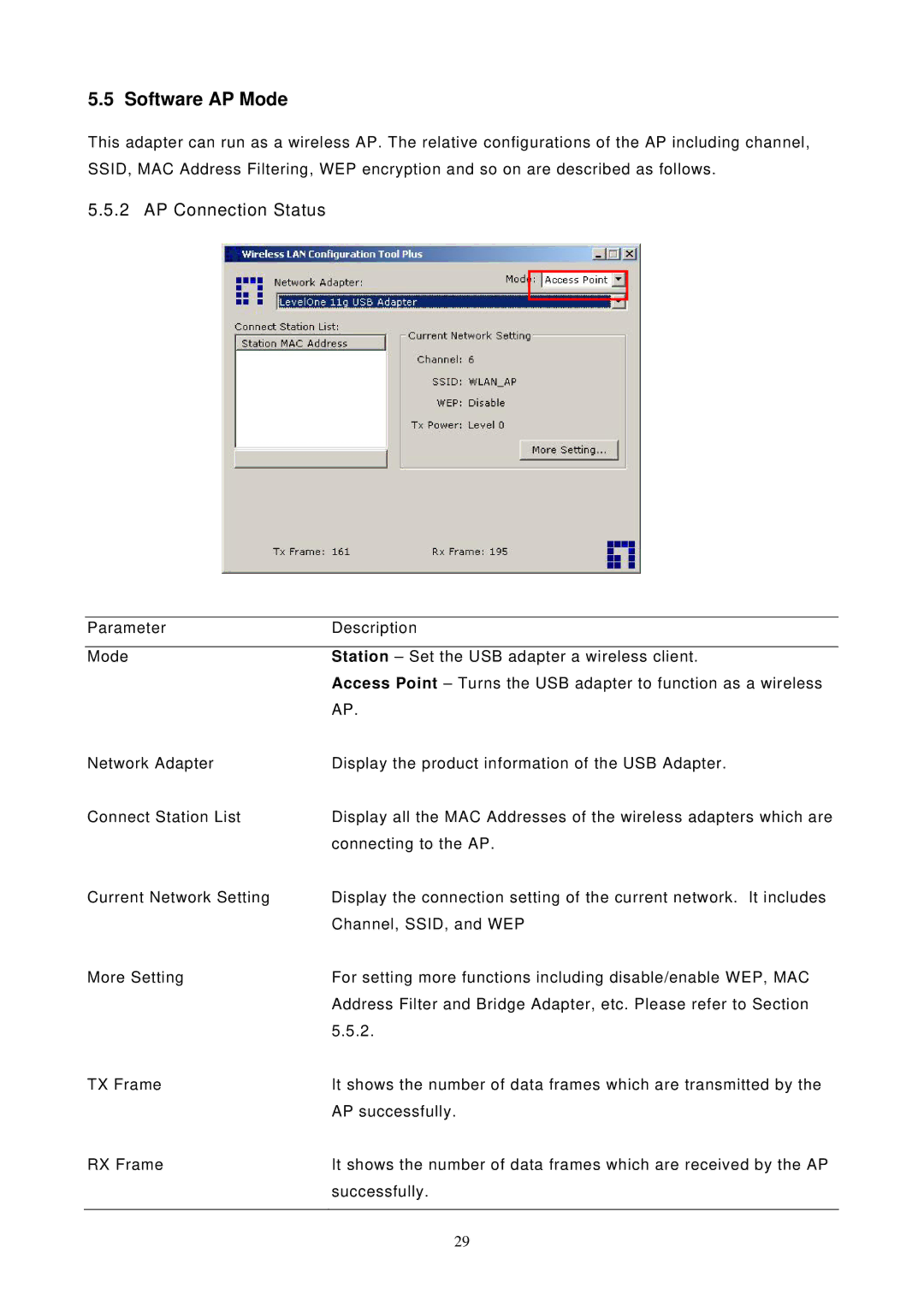 LevelOne 11g USB Adapter w/LCD WiFi Detector, WNC-0304USB user manual Software AP Mode, AP Connection Status 