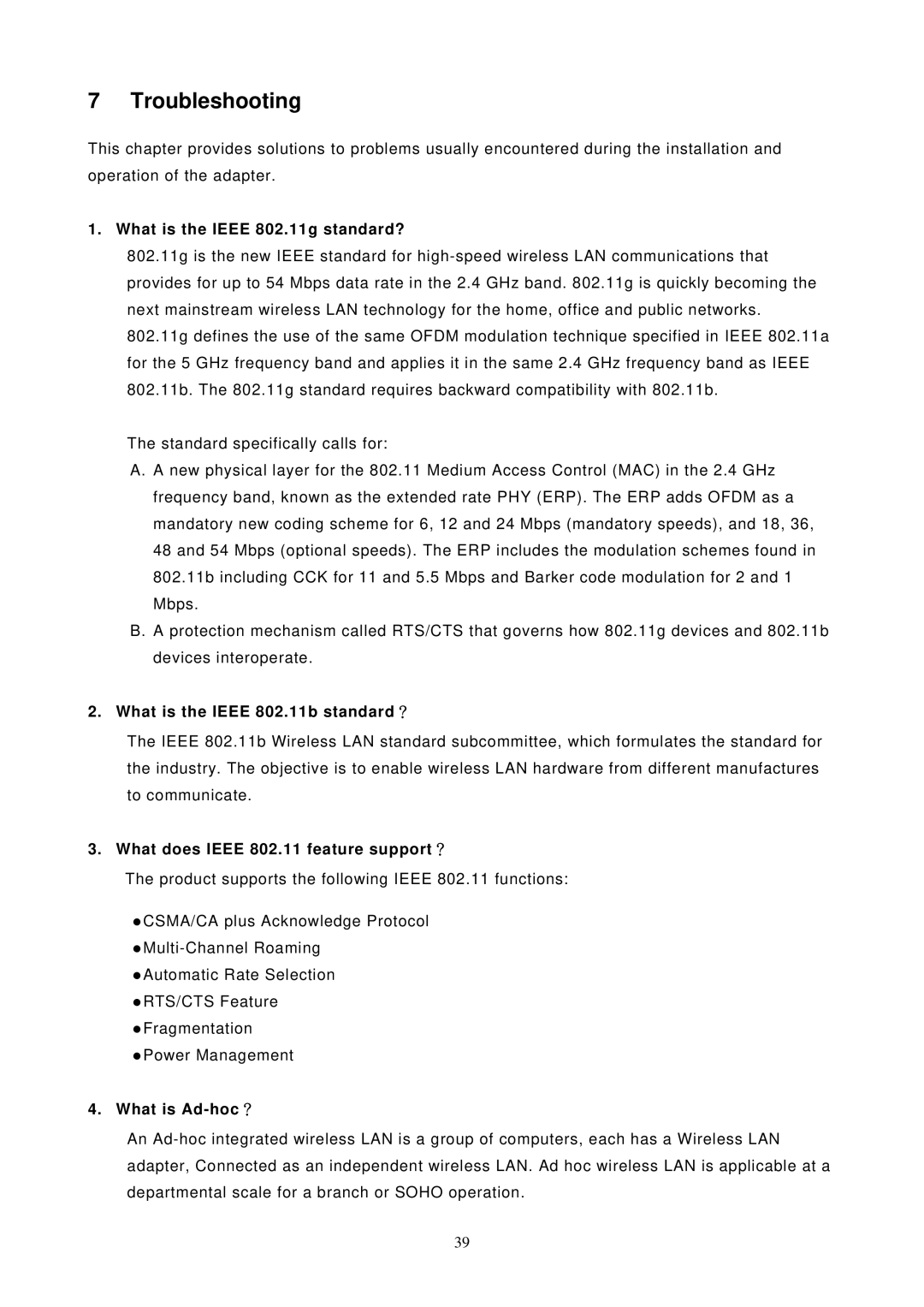 LevelOne 11g USB Adapter w/LCD WiFi Detector Troubleshooting, What is the Ieee 802.11g standard?, What is Ad-hoc？ 