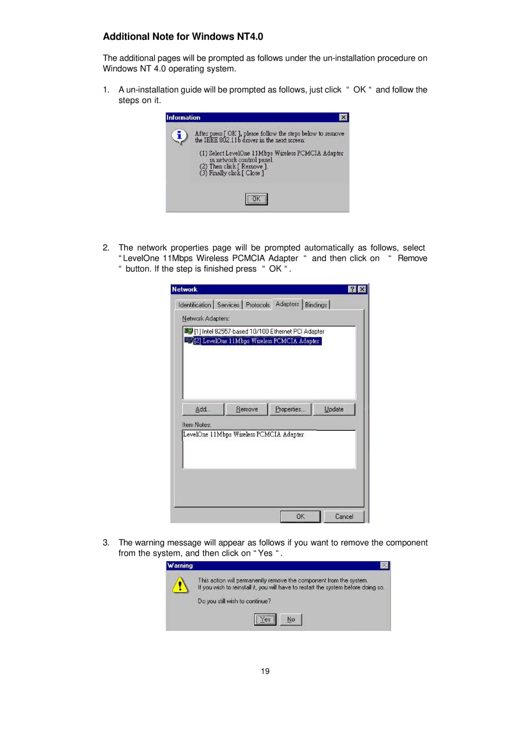 LevelOne WPC-0100 manual Additional Note for Windows NT4.0 