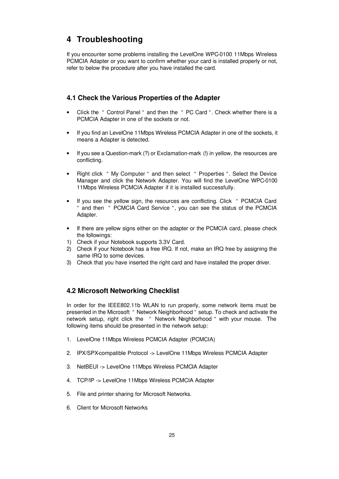 LevelOne WPC-0100 manual Troubleshooting, Check the Various Properties of the Adapter, Microsoft Networking Checklist 