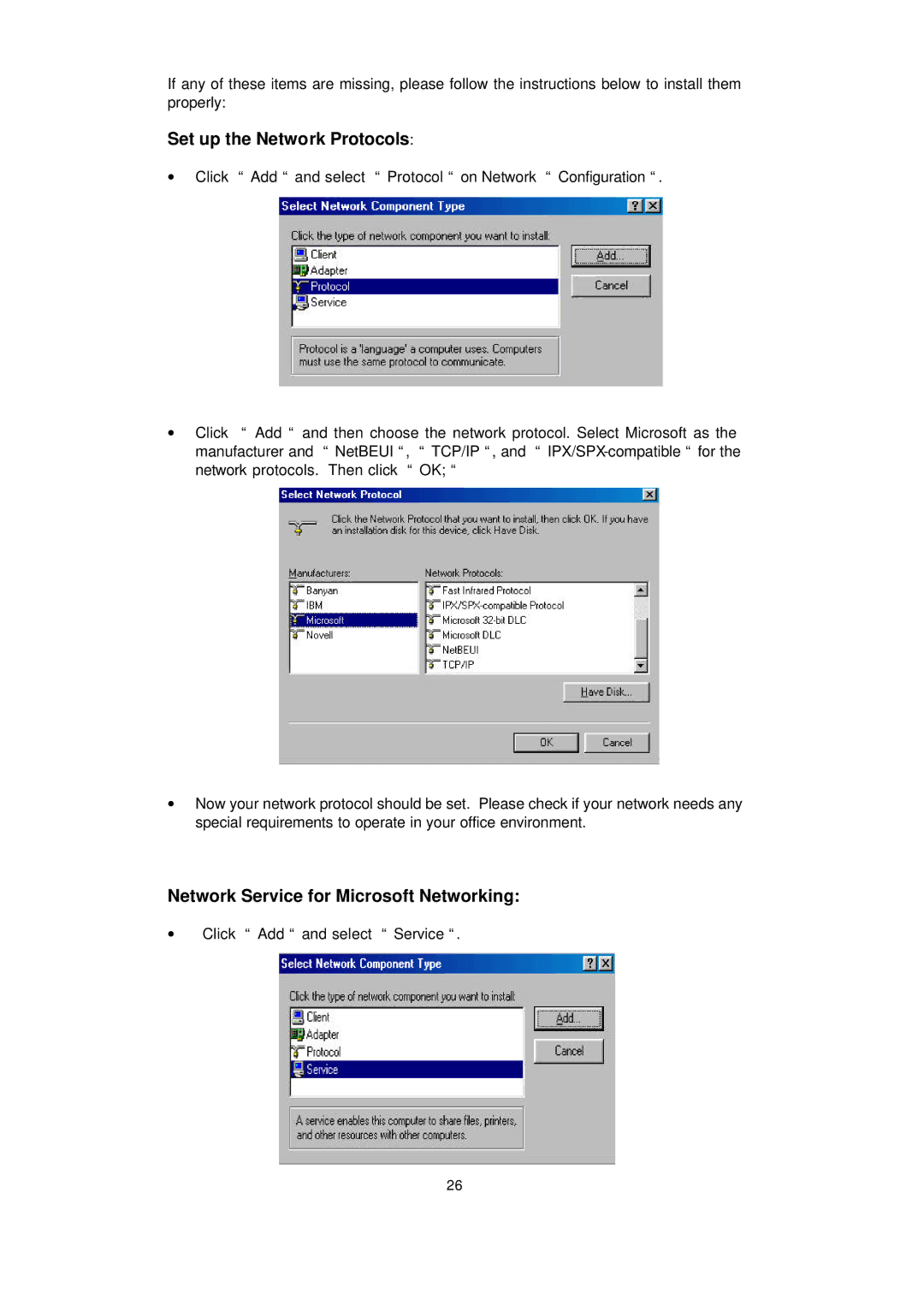 LevelOne WPC-0100 manual Set up the Network Protocols, Network Service for Microsoft Networking 