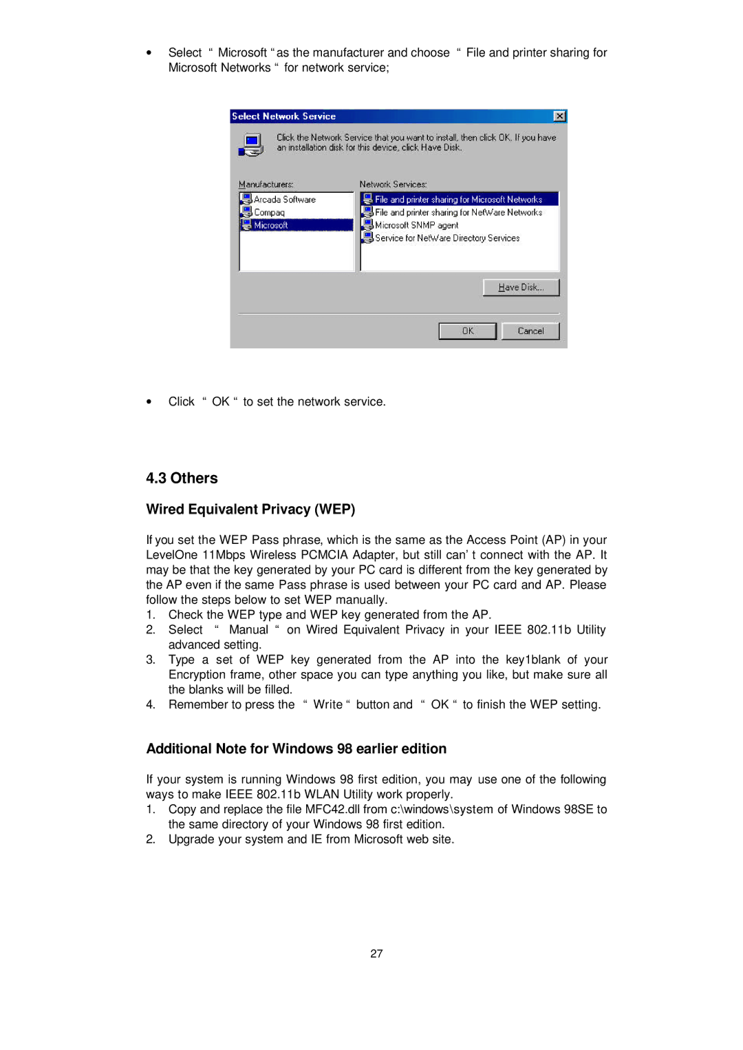 LevelOne WPC-0100 manual Others, Wired Equivalent Privacy WEP, Additional Note for Windows 98 earlier edition 