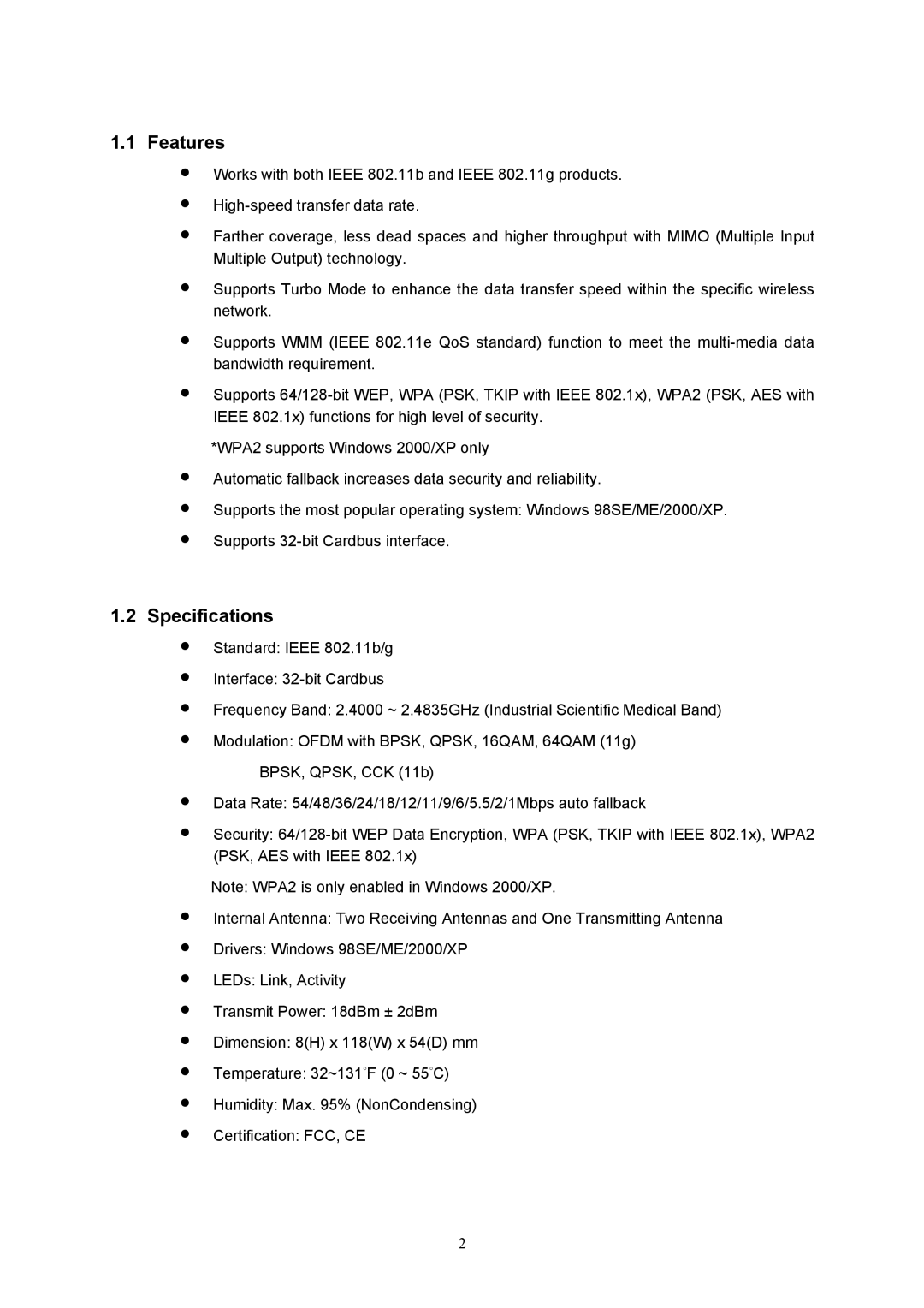 LevelOne WPC-0500, MIMO Wireless PCMCIA Adapter user manual Features, Specifications 