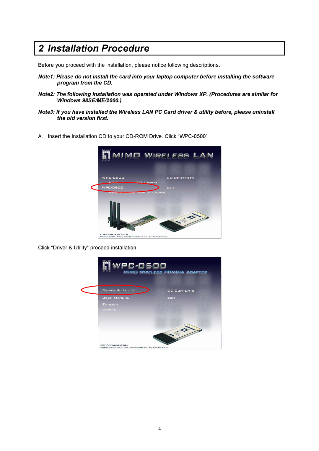 LevelOne WPC-0500, MIMO Wireless PCMCIA Adapter user manual Installation Procedure 