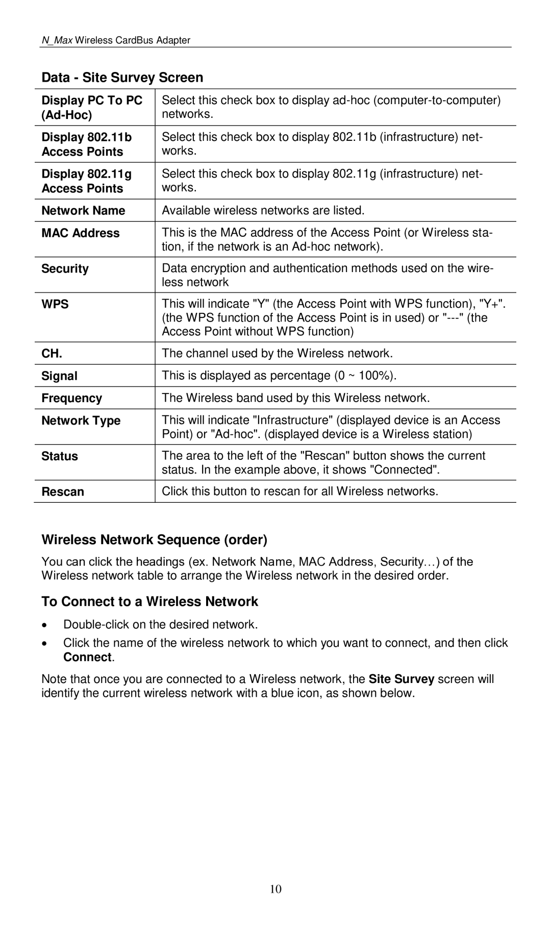 LevelOne WPC-0601 user manual Data Site Survey Screen, Wireless Network Sequence order, To Connect to a Wireless Network 