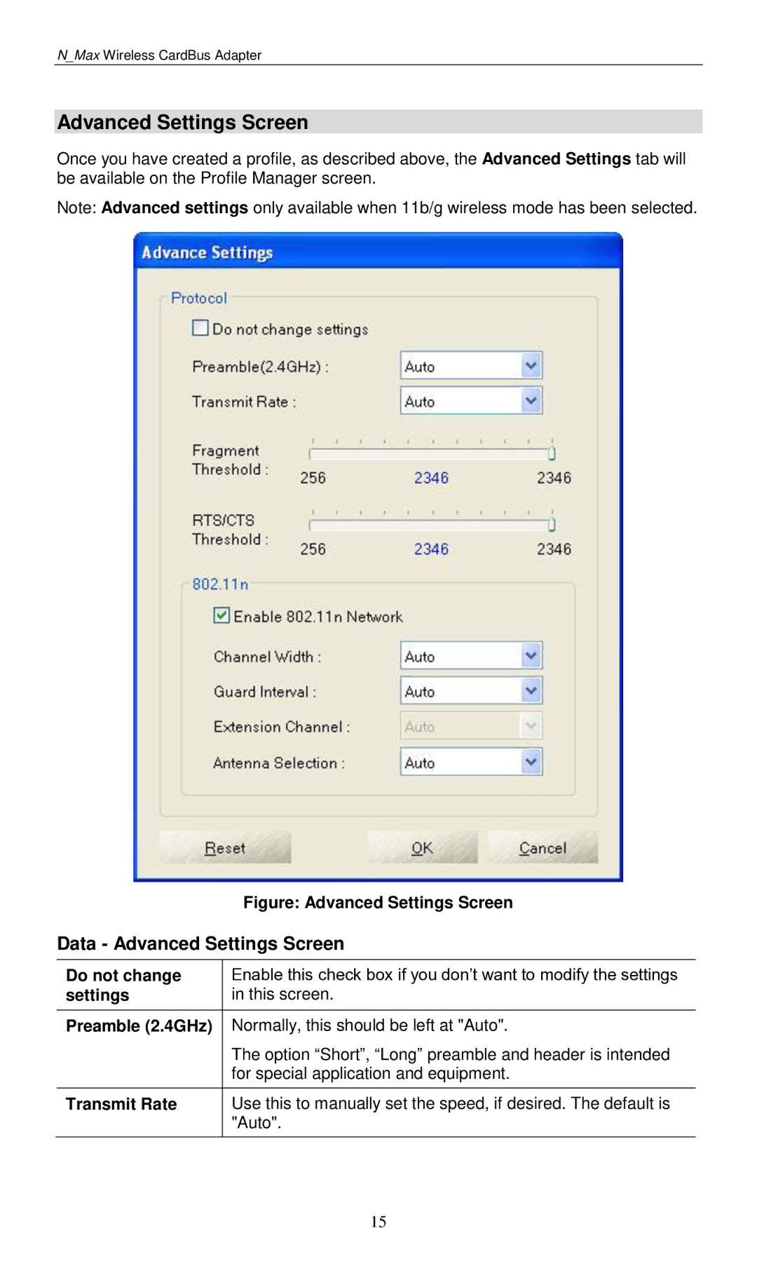 LevelOne WPC-0601 user manual Data Advanced Settings Screen 