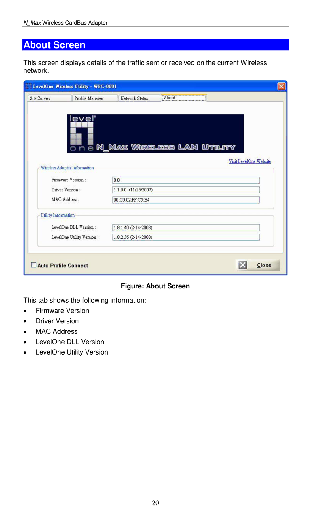 LevelOne WPC-0601 user manual Figure About Screen 