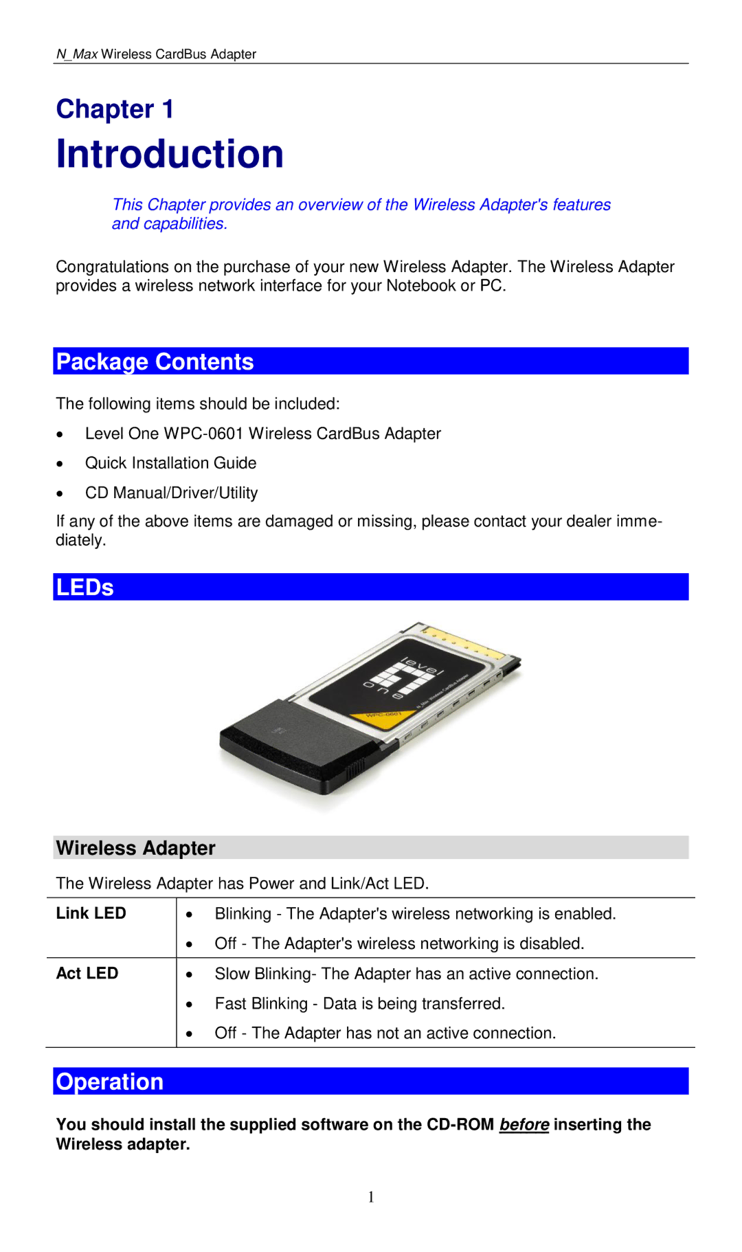 LevelOne WPC-0601 user manual Introduction, Package Contents, LEDs, Operation 