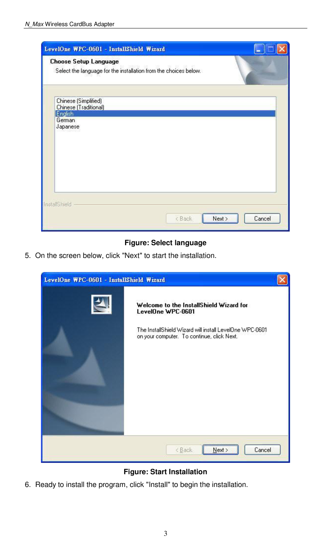 LevelOne WPC-0601 user manual Figure Select language 