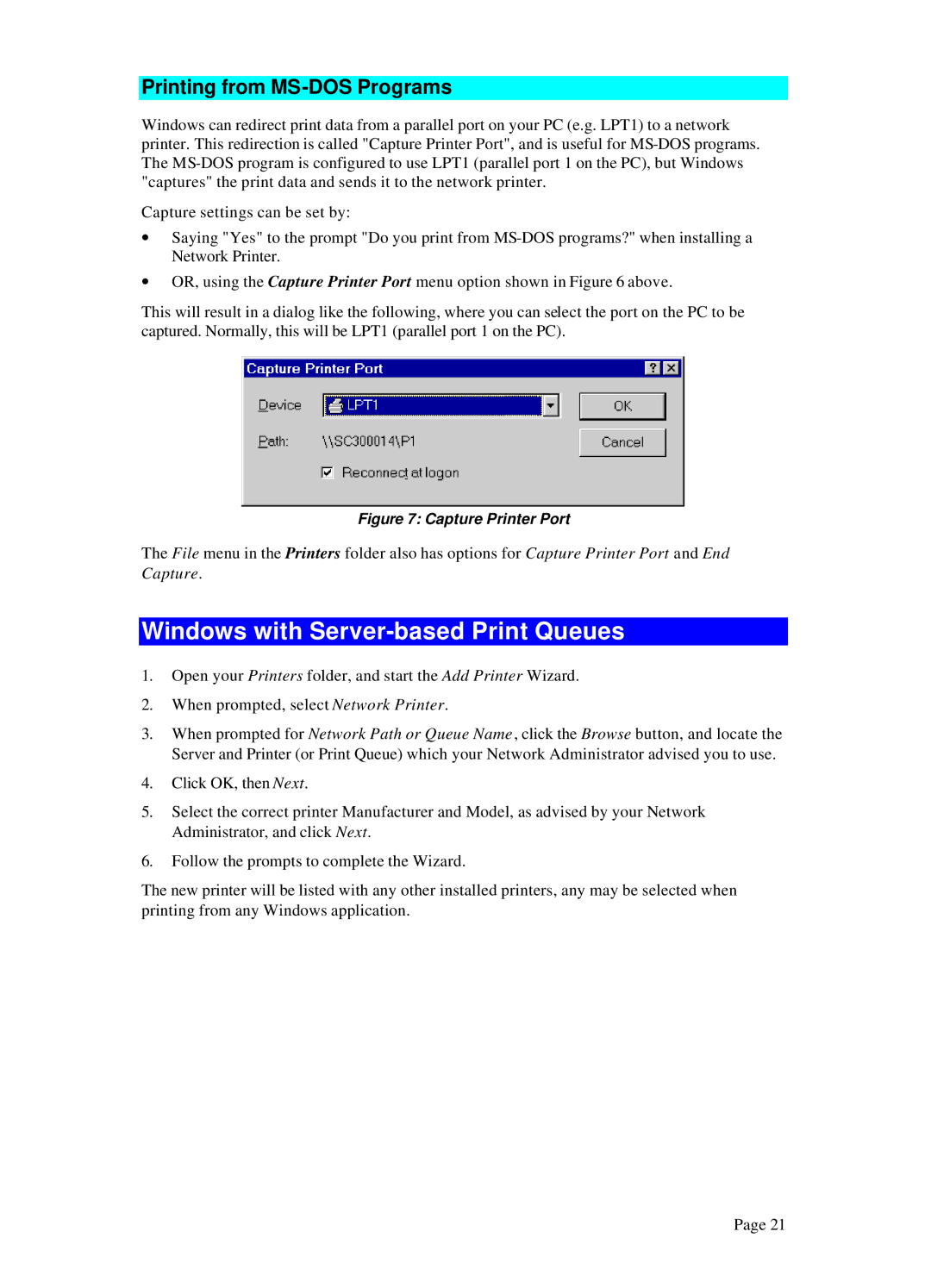 LevelOne WPS-100USB, WPS 0100 manual Windows with Server-based Print Queues, Printing from MS-DOS Programs 