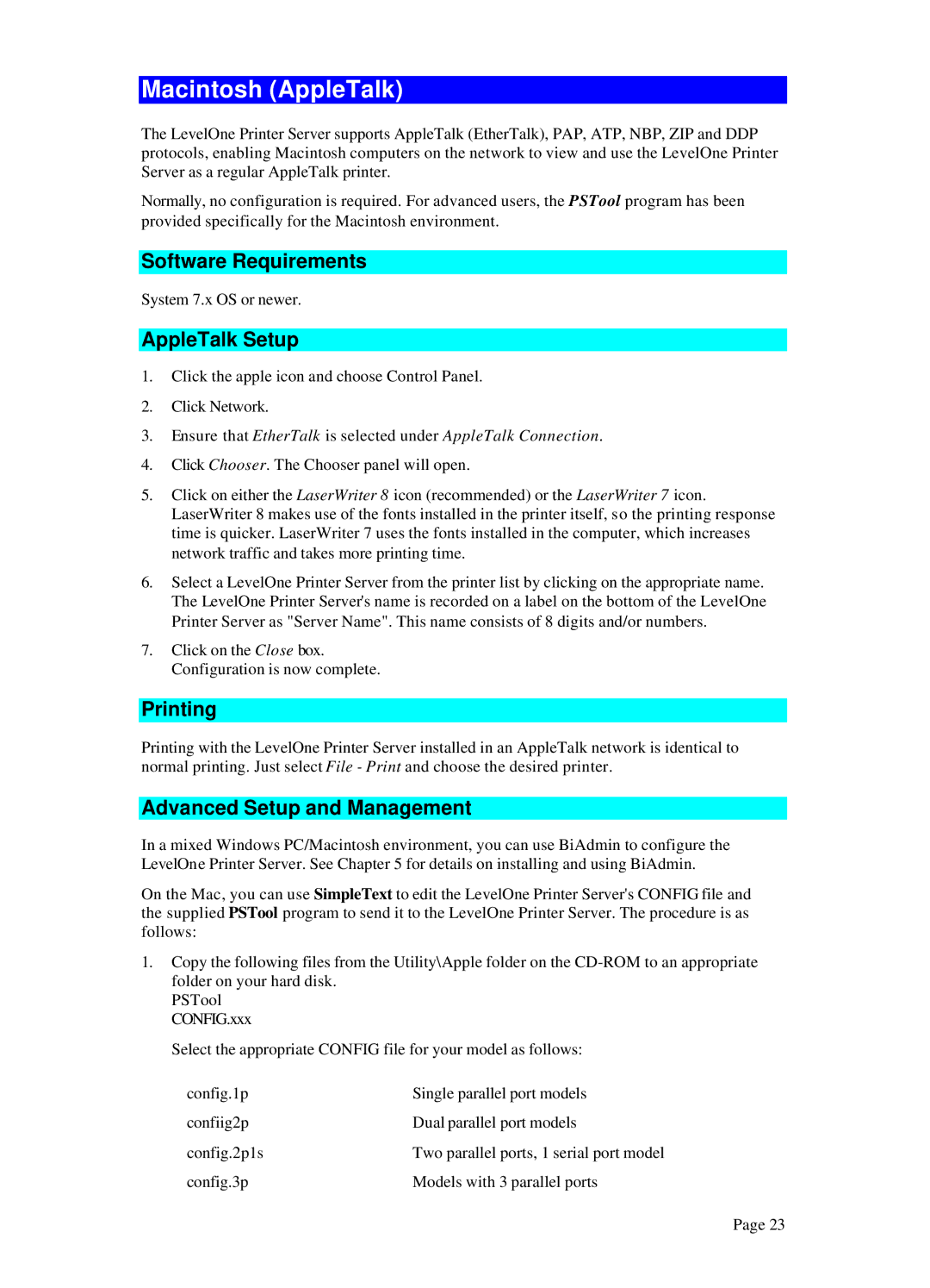 LevelOne WPS-100USB Macintosh AppleTalk, Software Requirements, AppleTalk Setup, Printing, Advanced Setup and Management 