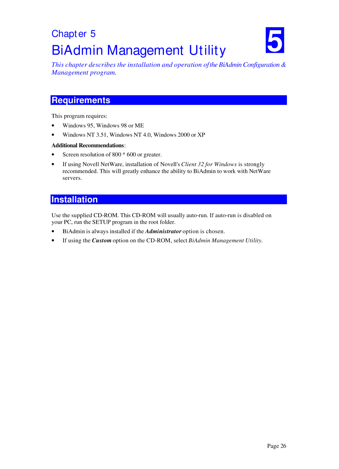 LevelOne WPS 0100, WPS-100USB manual BiAdmin Management Utility, Requirements, Installation, Additional Recommendations 