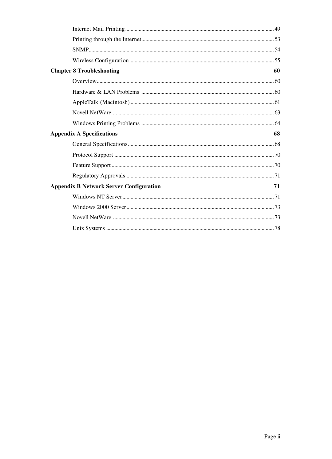 LevelOne WPS 0100, WPS-100USB manual Troubleshooting, Appendix a Specifications, Appendix B Network Server Configuration 